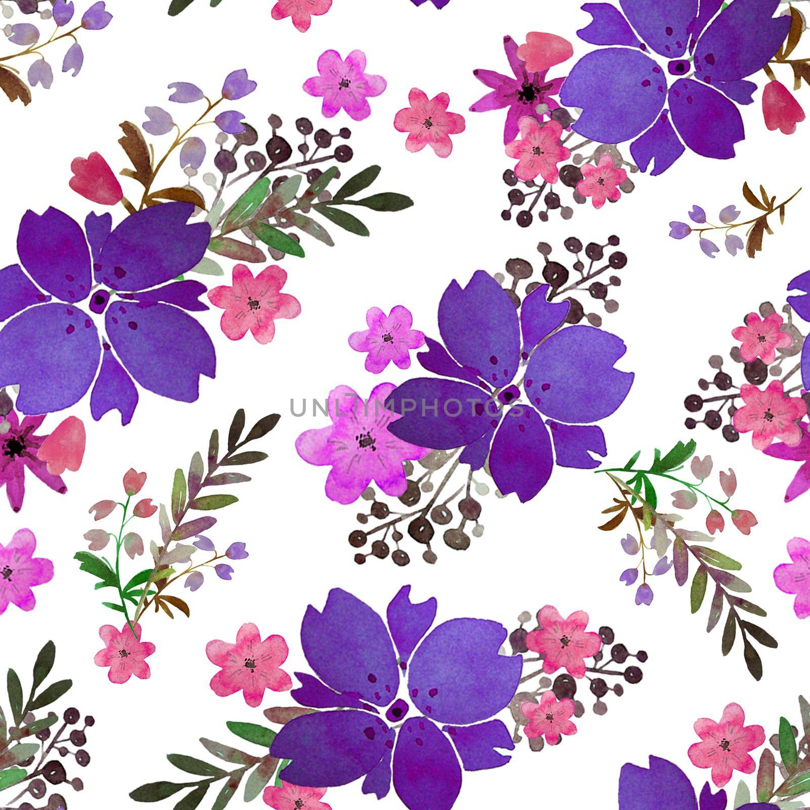 Romantic floral seamless pattern with flowers and leaf. Print for textile wallpaper endless. Hand-drawn watercolor elements. Beauty bouquets. Pink, violet . green. pink on white background. by DesignAB