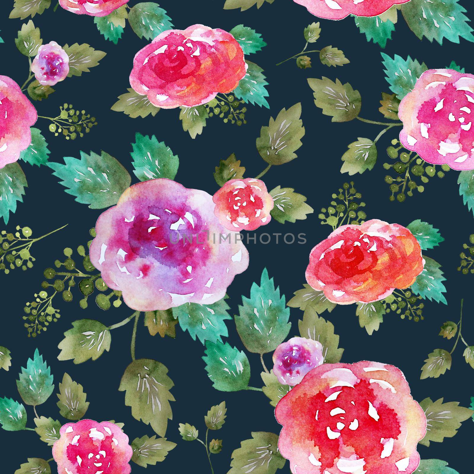 Vintage floral seamless pattern with rose flowers and leaf. Print for textile wallpaper endless. Hand-drawn watercolor elements. Beauty bouquets. Pink, red. green on dark background. by DesignAB