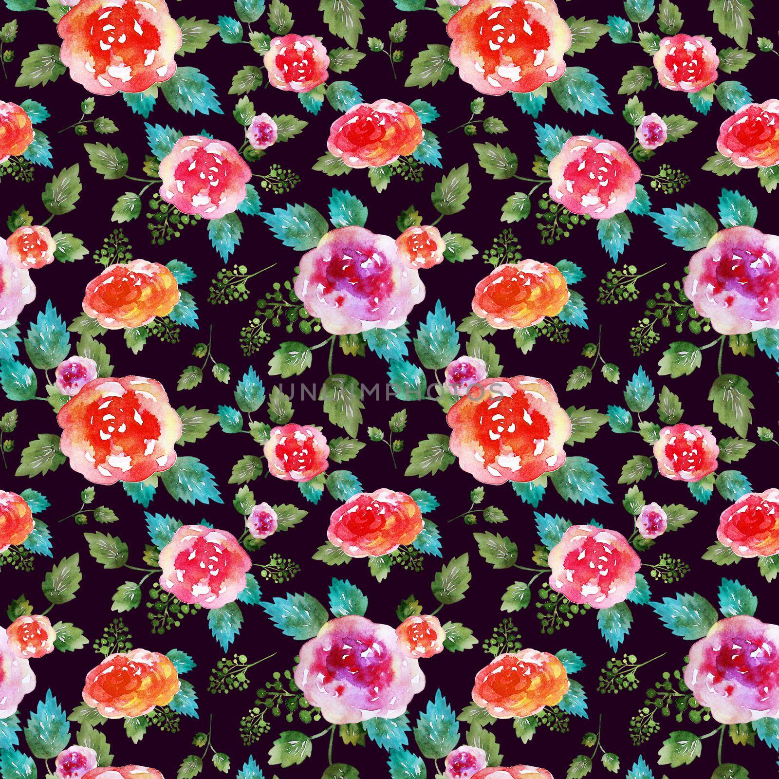 Vintage floral seamless pattern with rose flowers and leaf. Print for textile wallpaper endless. Hand-drawn watercolor elements. Beauty bouquets. Pink, red. green on dark background. Female