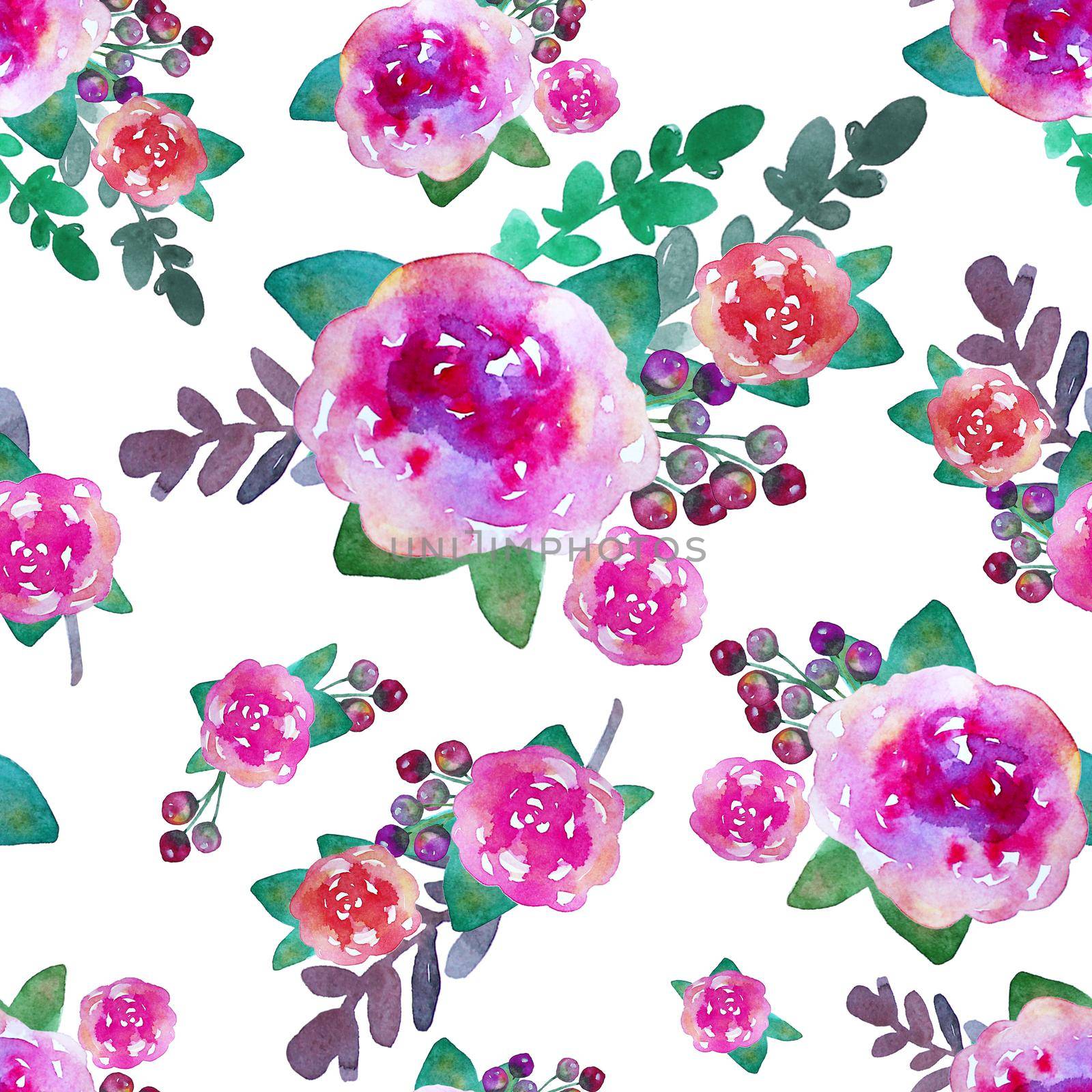 Vintage floral seamless pattern with rose flowers and leaf. Print for textile wallpaper endless. Hand-drawn watercolor elements. Beauty bouquets. Pink, red. green on white background. by DesignAB