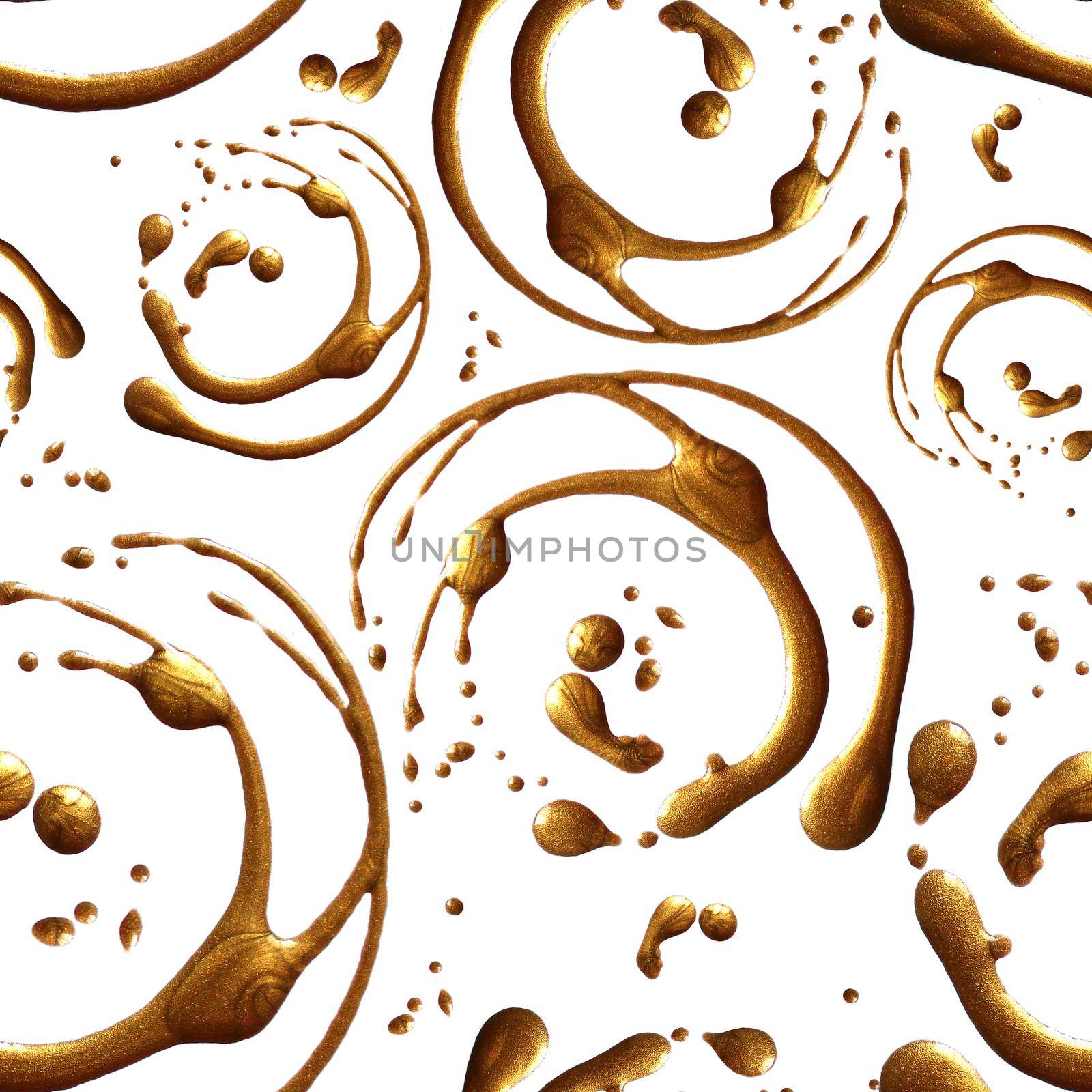 Seamless pattern with shine glitter dots. Gold draw blots. Hand-made. Isolated on white background. Fabric print. Wallpaper