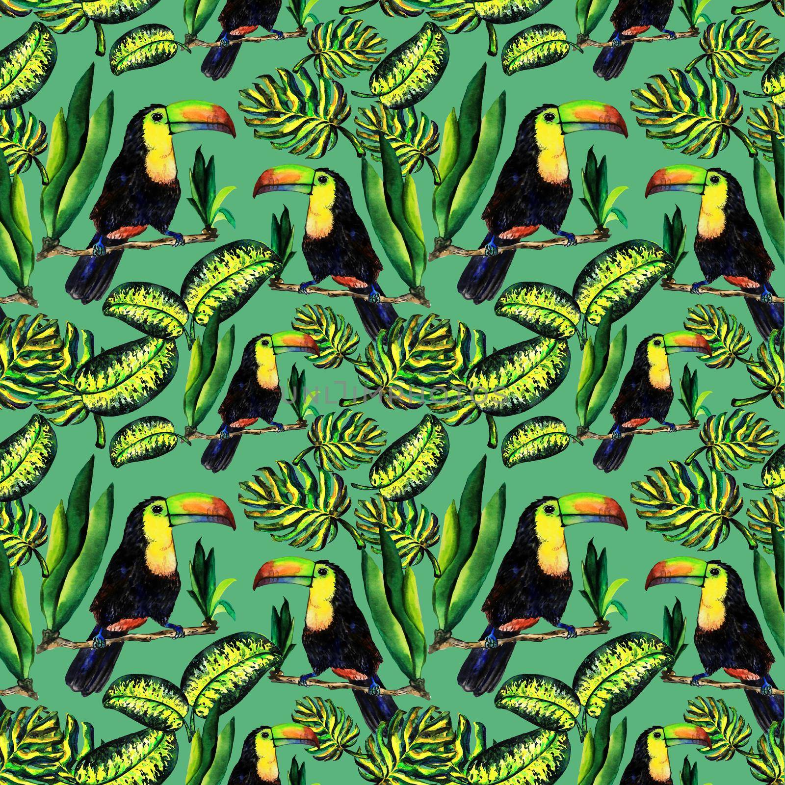 Seamless pattern of leaves monstera and Toucan by DesignAB