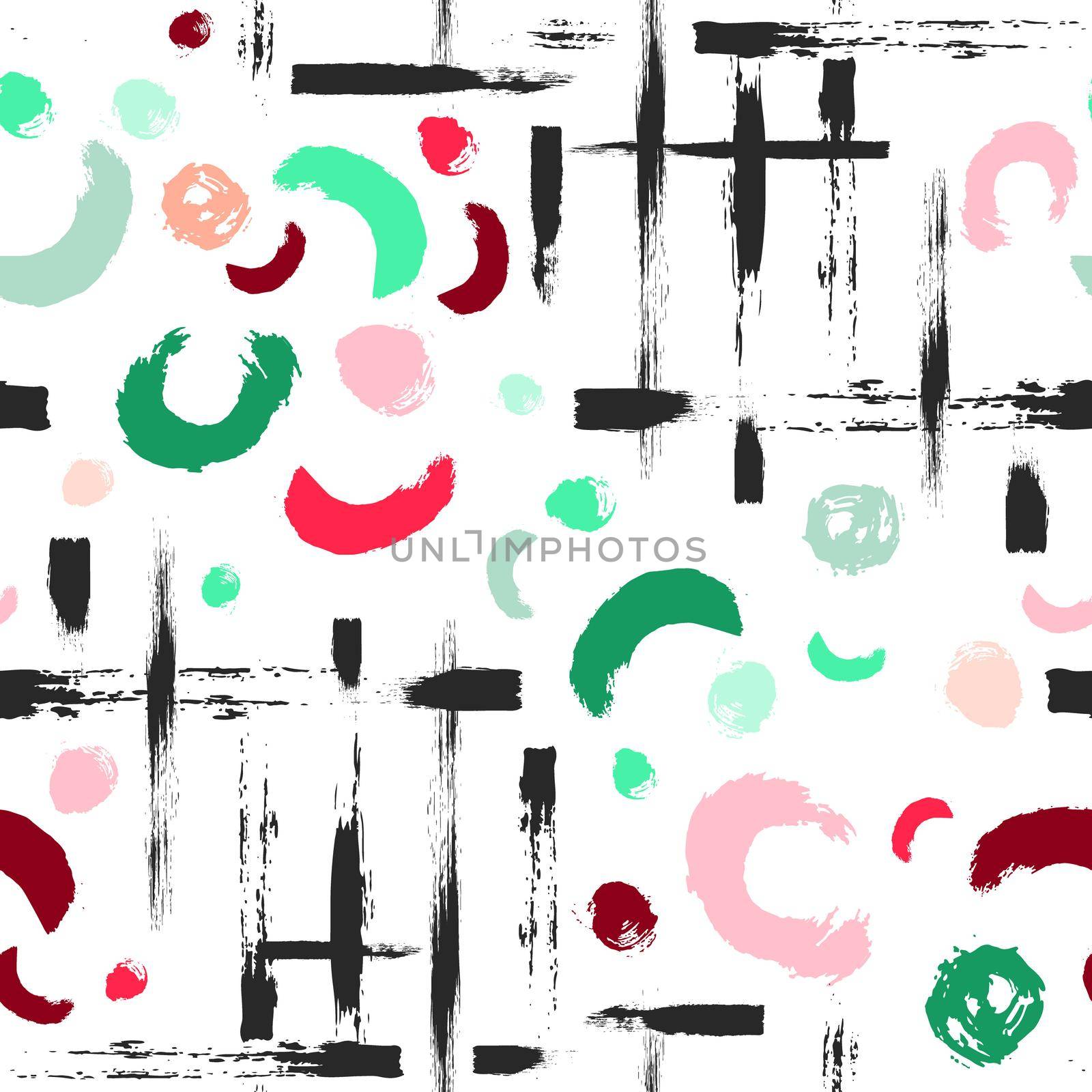 colorful seamless pattern with brush dots, strokes, circles and strokes. Rainbow color on white background. Hand painted grange texture. Ink geometric elements. Fashion modern style. Fabric