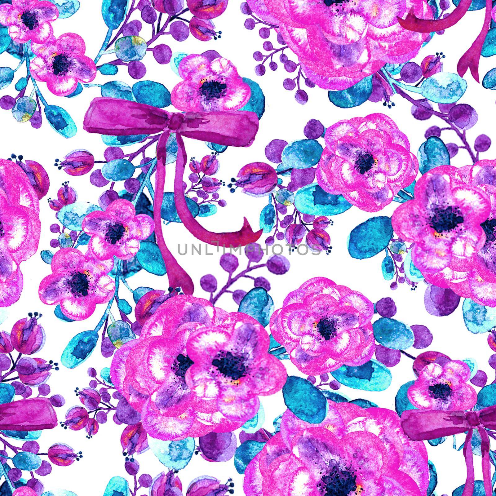 Watercolor floral pattern. Seamless with purple and pink bouquet on white background. by DesignAB