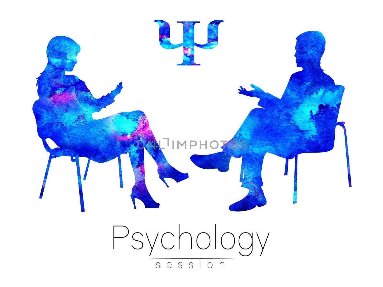The psychologist and the client. Psychotherapy. Psycho therapeutic session. Psychological counseling. Man woman talking while sitting. Silhouette. Blue profile. Modern symbol logo. Design concept sign