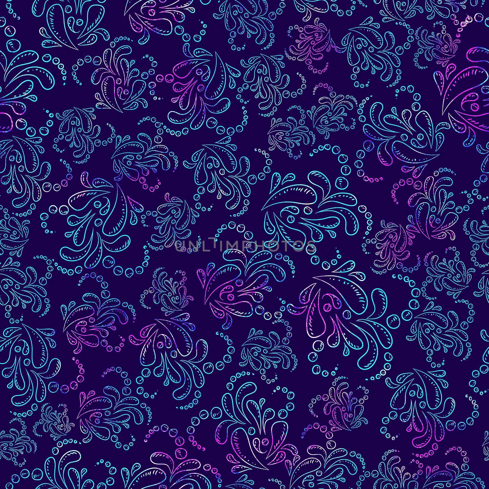 Watercolor Seamless flower pink blue doodle on violet background pattern. Hand drawn elements. Bright art for textile, wallpaper. Vintage texture. Endless print. Fabric