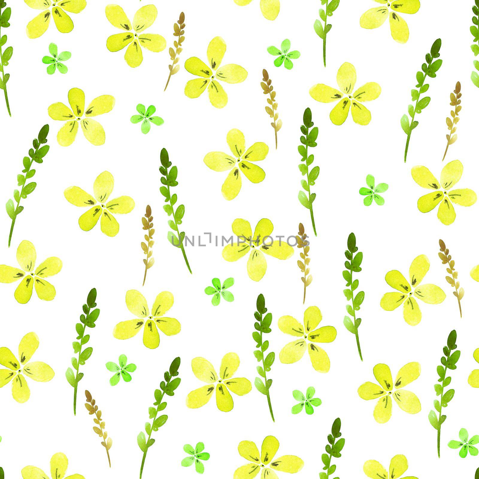 Seamless floral pattern with watercolor yellow flowers and leaves in vintage style. Hand made. Ornate for textile, fabric, wallpaper. Nature illustration. Painting elements. by DesignAB