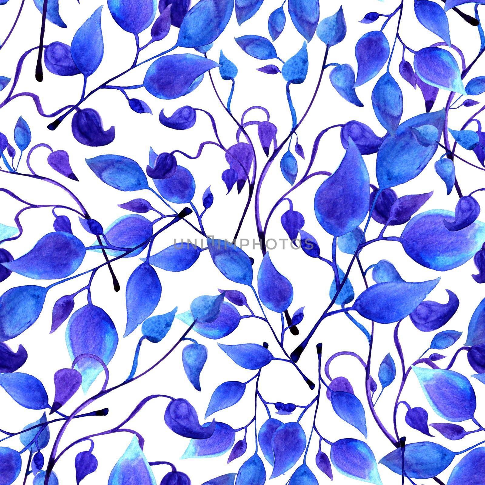 hand painted watercolor blue leaves seamless floral endless background. leaf pattern