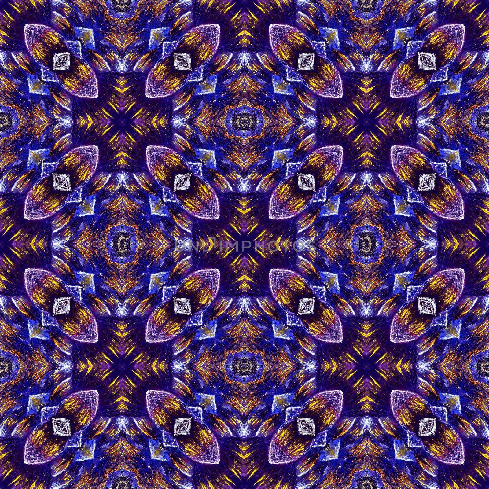 Hand drawn seamless pattern with folk national motives. Bright colored abstract wallpaper. Seamless texture. Geometric fabric design. Art painting. Violet blue colors. Native by DesignAB