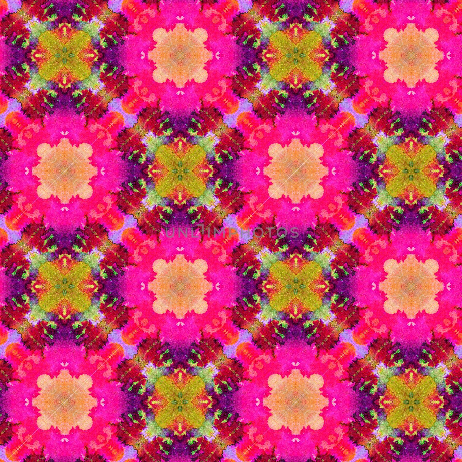 Hand drawn seamless pattern with folk national motives. Bright colored abstract wallpaper. Seamless texture. Geometric fabric design. Art painting. Pink colors. Native. Patchwork, and scraps. by DesignAB