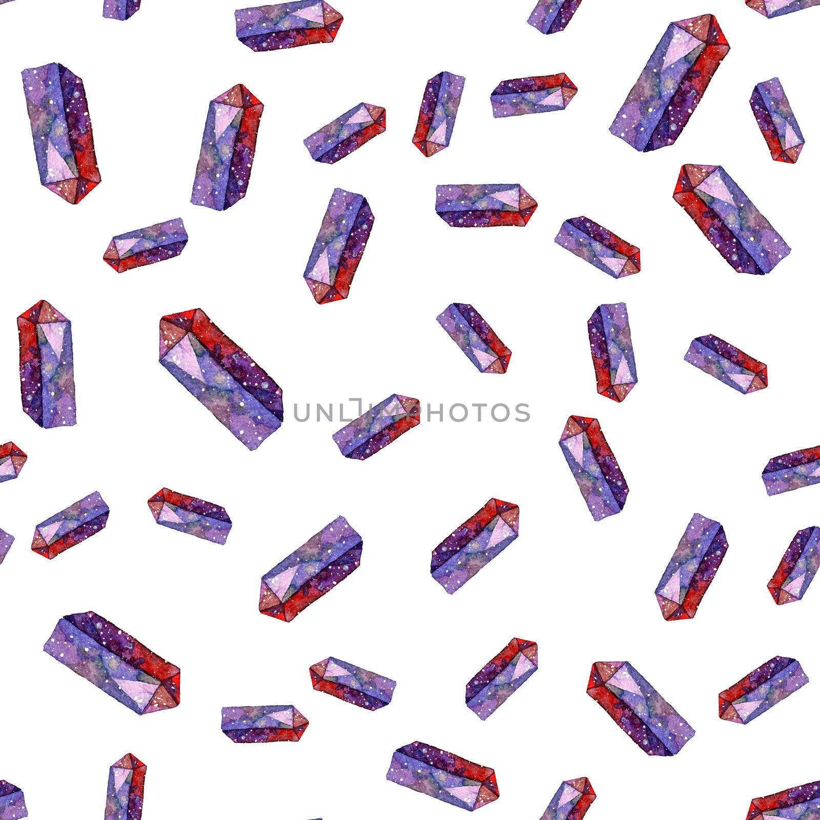 Watercolor illustration of diamond crystals - seamless pattern. Print for textile, fabric, wallpaper. Hand made painting. Jewel on white background. Unusual modern ornate design. by DesignAB