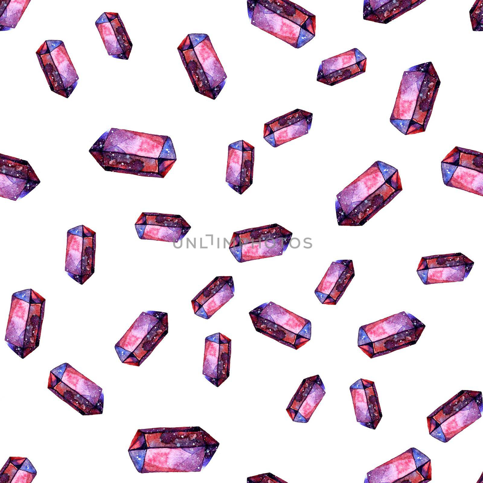 Watercolor illustration of diamond crystals - seamless pattern. Print for textile, fabric, wallpaper. Hand made painting. Jewel on white background. Unusual modern ornate design. by DesignAB