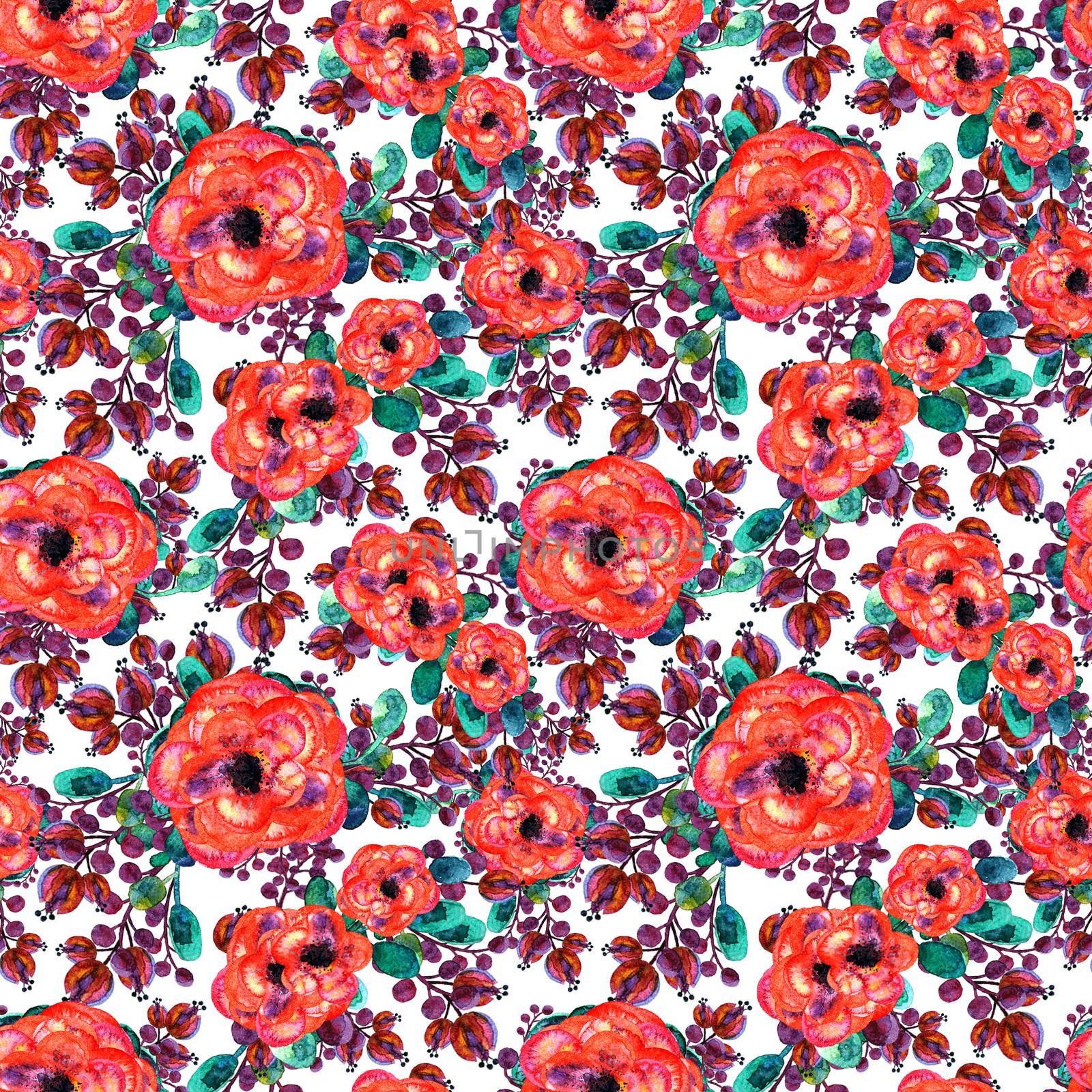 Watercolor seamless pattern with rose and leaf. Red flowers green leaves, On white background. Floral endless artwork. Hand-drawn beautiful print by DesignAB