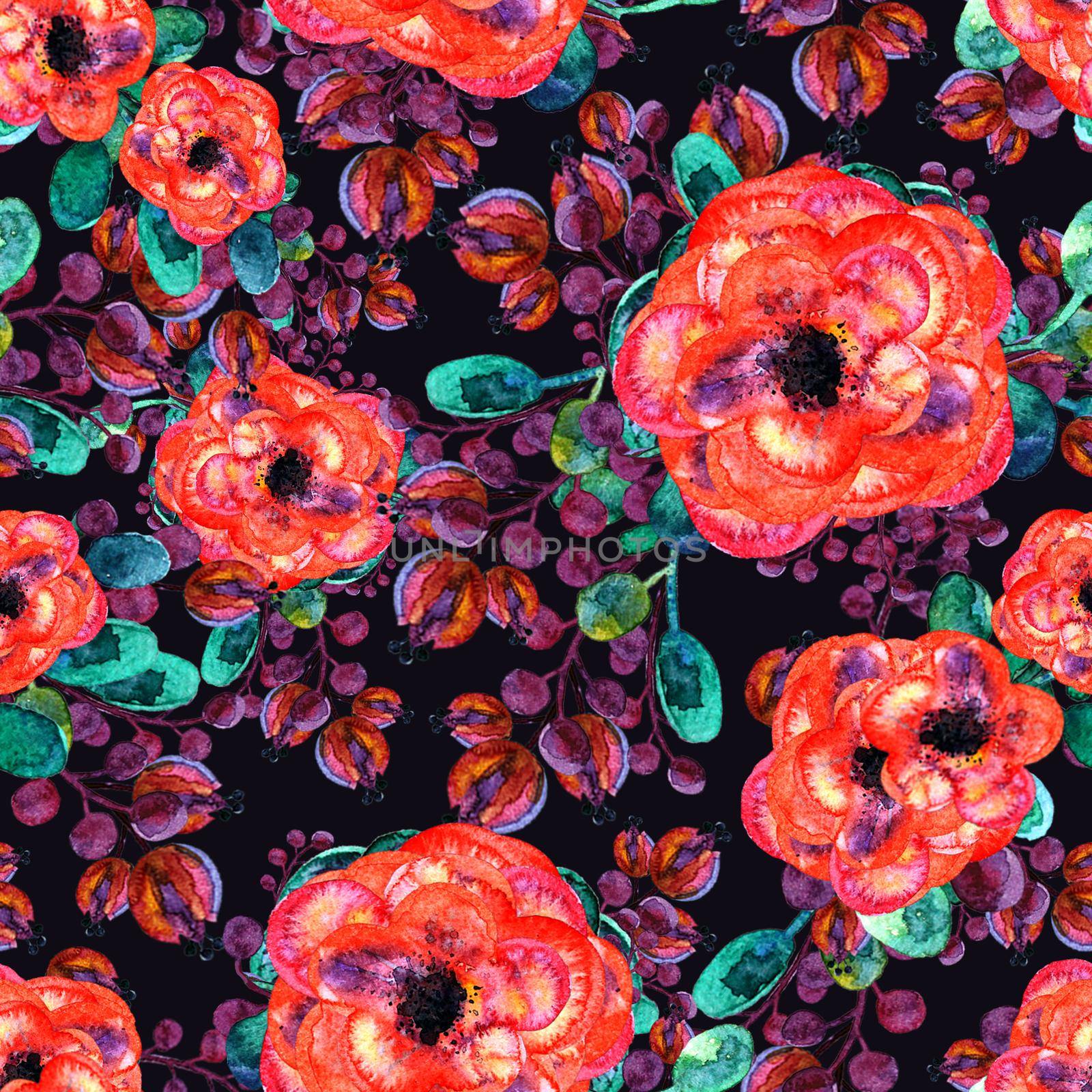 Watercolor seamless pattern with rose and leaf. Red flowers green leaves, On dark blue background. Floral endless artwork. Hand-drawn beautiful print by DesignAB