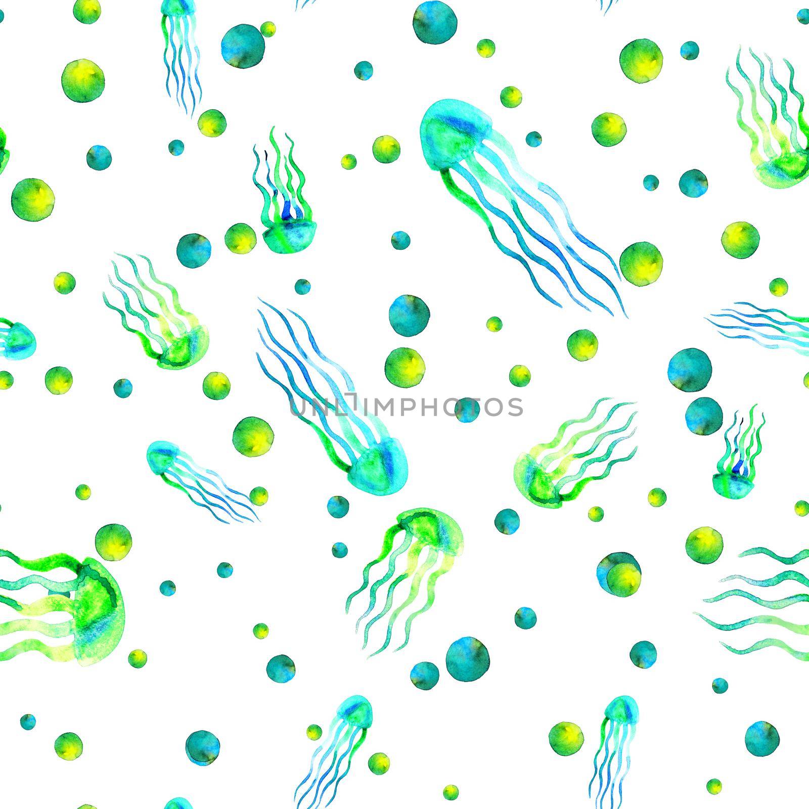Hand drawn jellyfish. Watercolor pattern. Sea seamless element. Design on white background. Unusual and modern. For textile, fabric and wallpaper. Blue yellow bright