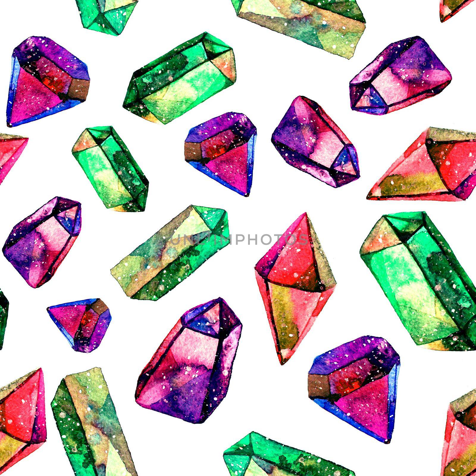 Watercolor illustration of diamond crystals - seamless pattern. Print for textile, fabric, wallpaper. Hand made painting. Jewel on white background. Unusual modern ornate.