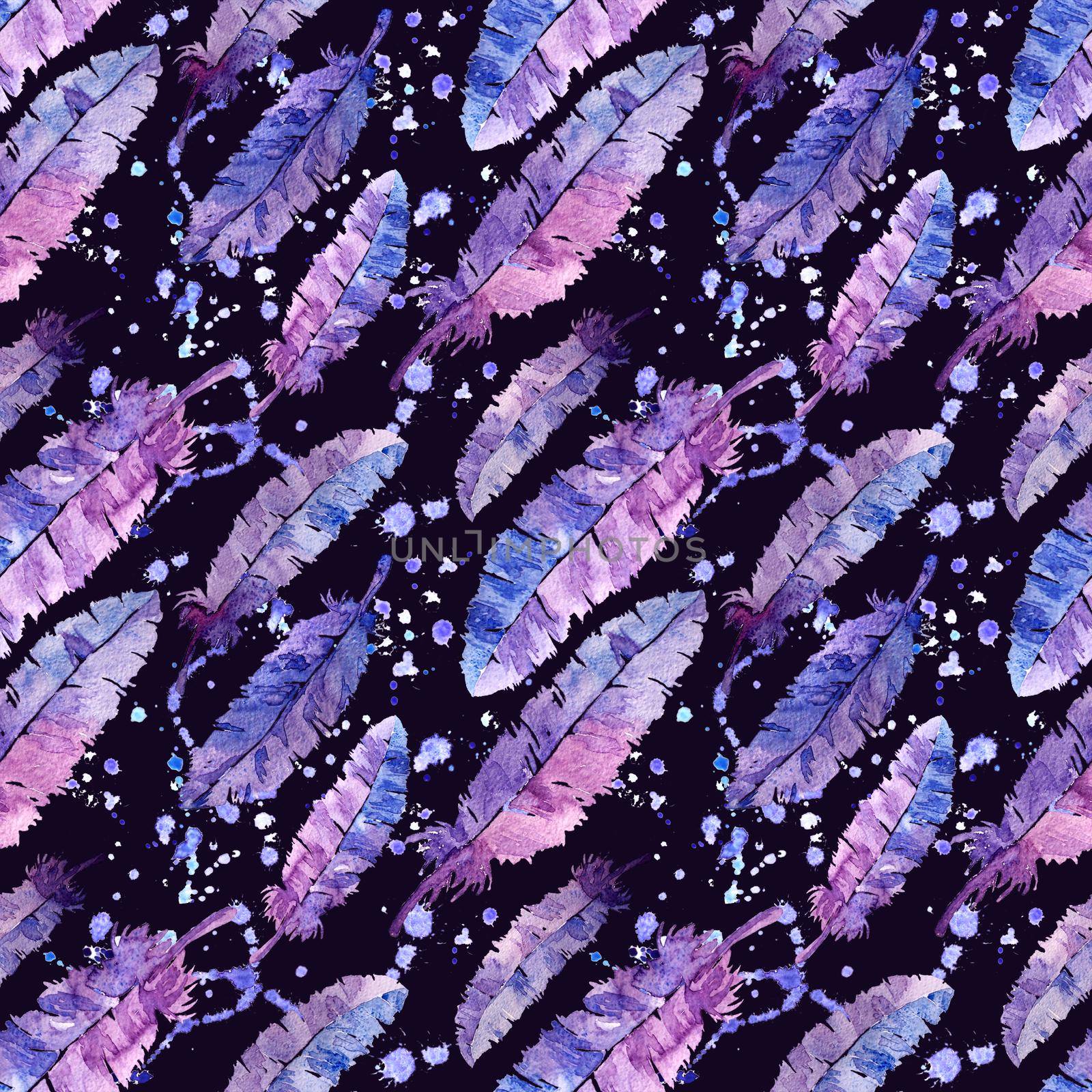 Watercolor feathers seamless pattern. Colorful feathers with watercolor texture pattern. Violet background