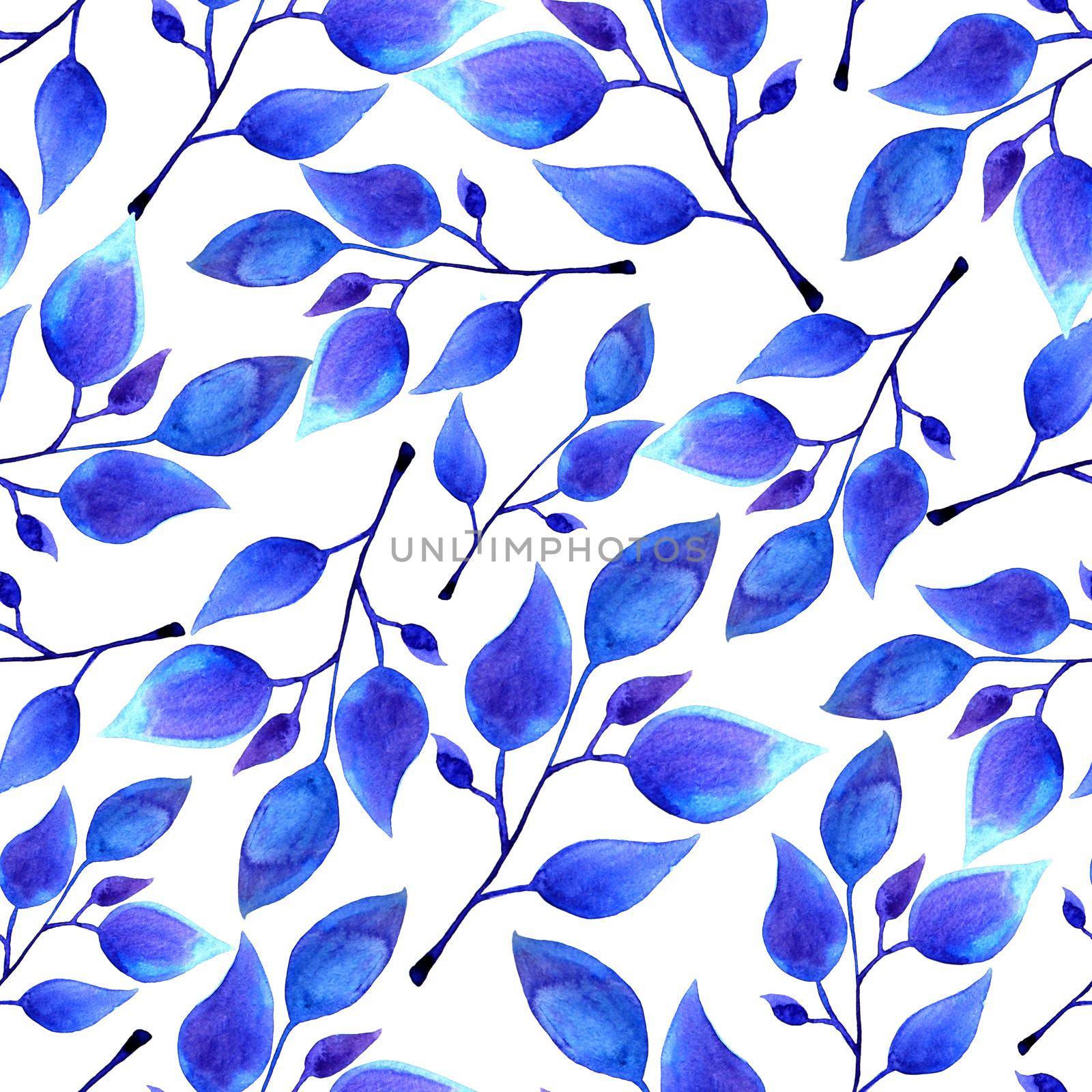 hand painted watercolor blue leaves seamless floral pattern by DesignAB