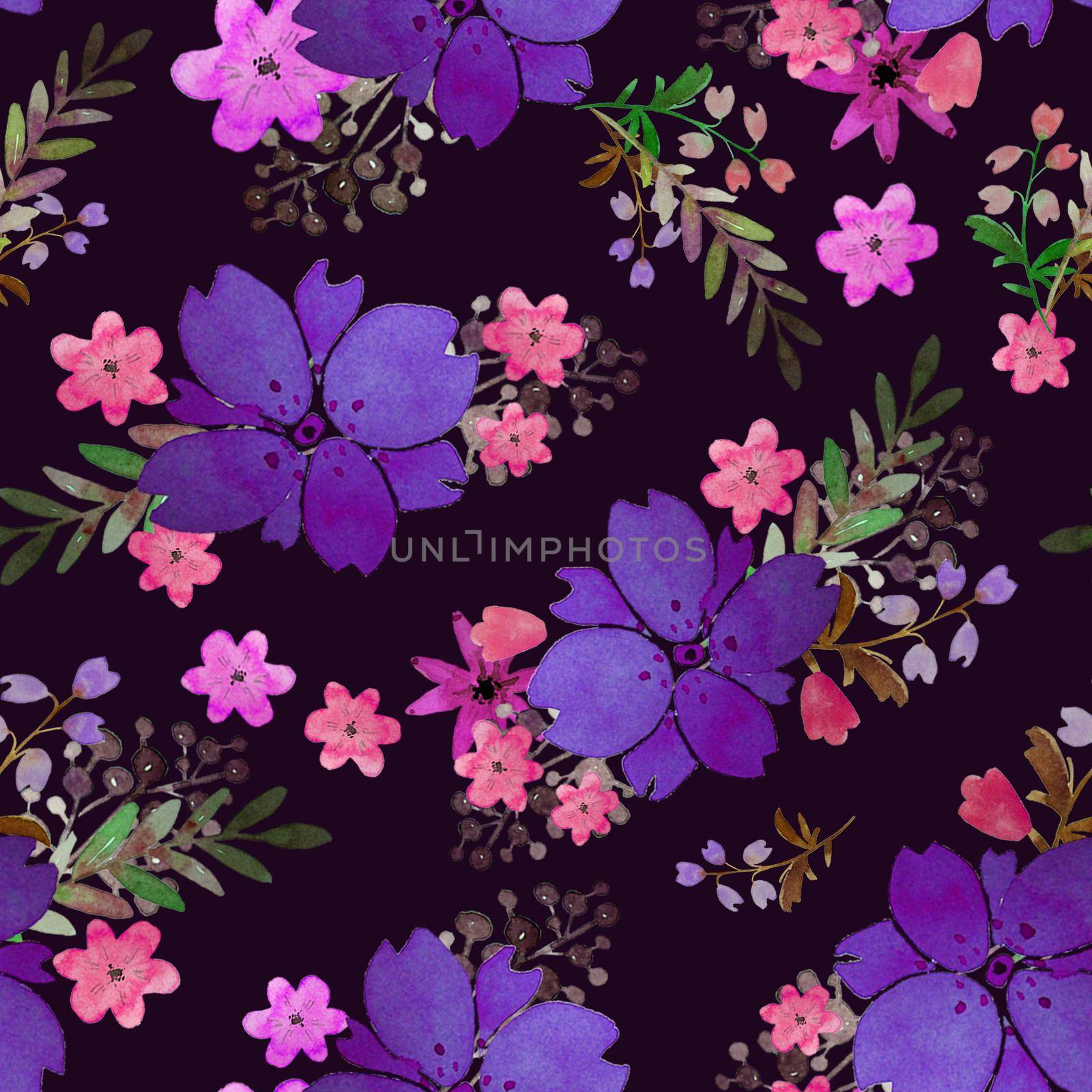 Romantic floral seamless pattern with flowers and leaf. Print for textile wallpaper endless. Hand-drawn watercolor elements. Beauty bouquets. Pink, violet . green. pink on dark background. by DesignAB