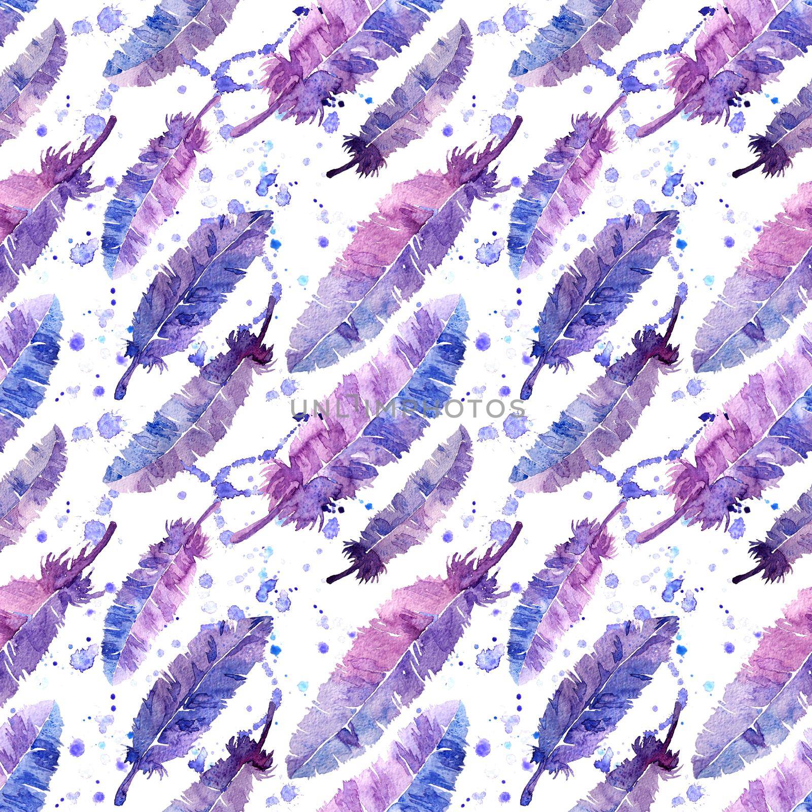 Watercolor feathers seamless pattern. Colorful. White background