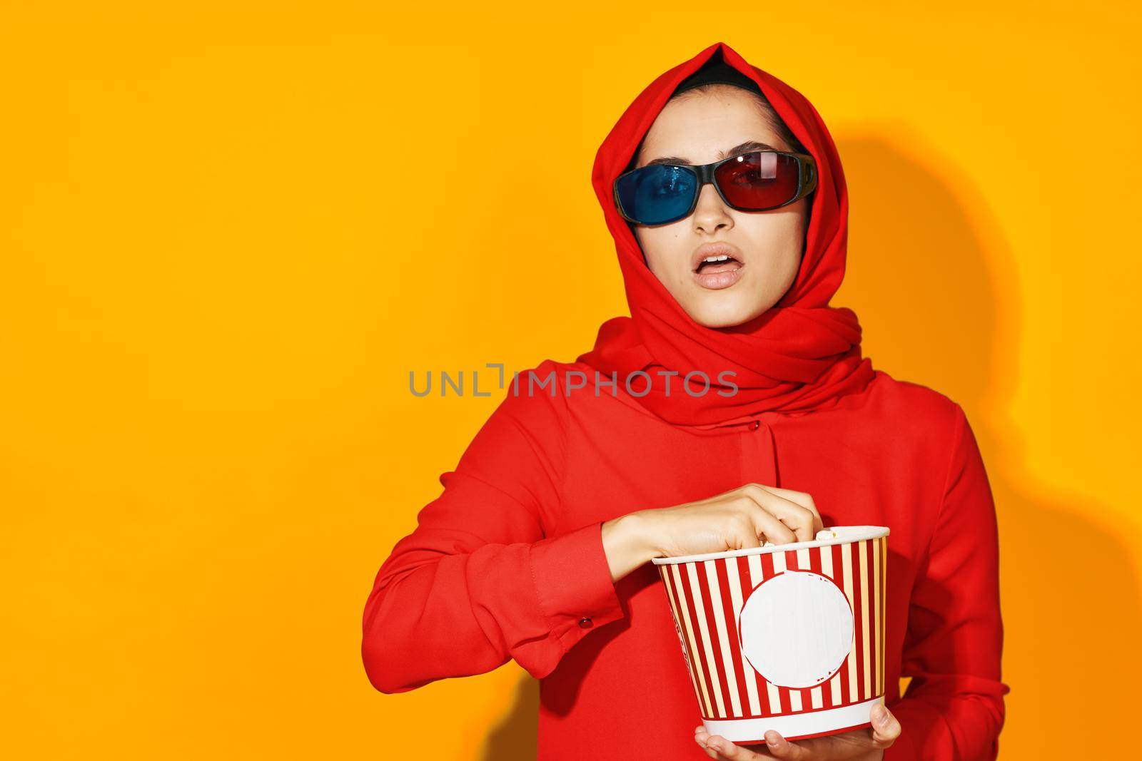 cheerful woman virtual reality movie fashion fun movie isolated background. High quality photo