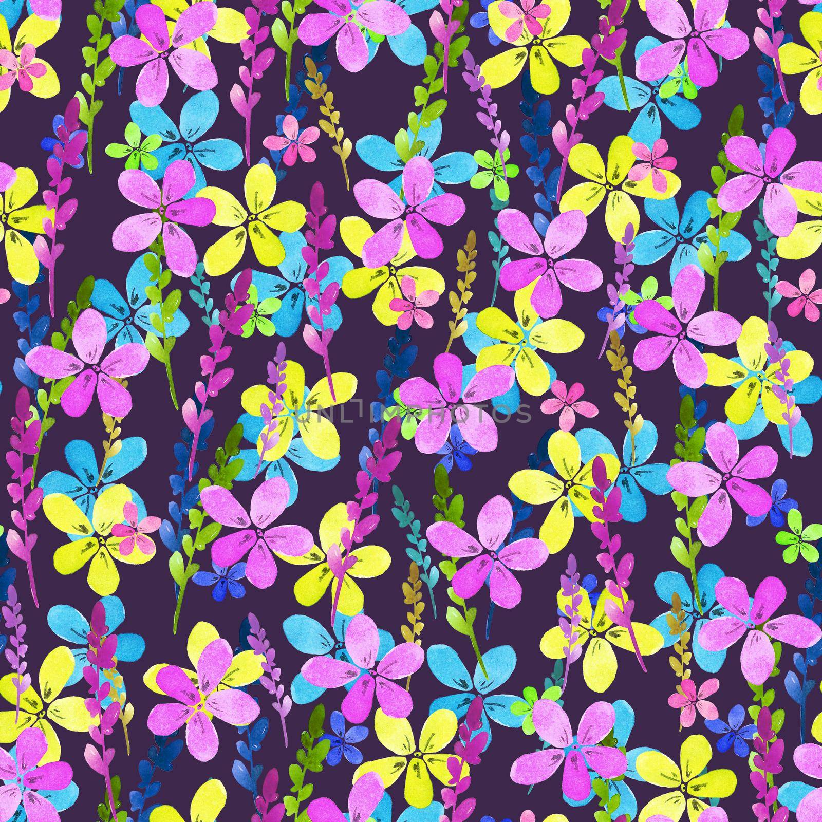 Seamless floral pattern with watercolor blue pink yellow flowers and leaves in vintage style on violet background. . Hand made. Ornate for textile, fabric. Nature illustration. Painting elements. by DesignAB