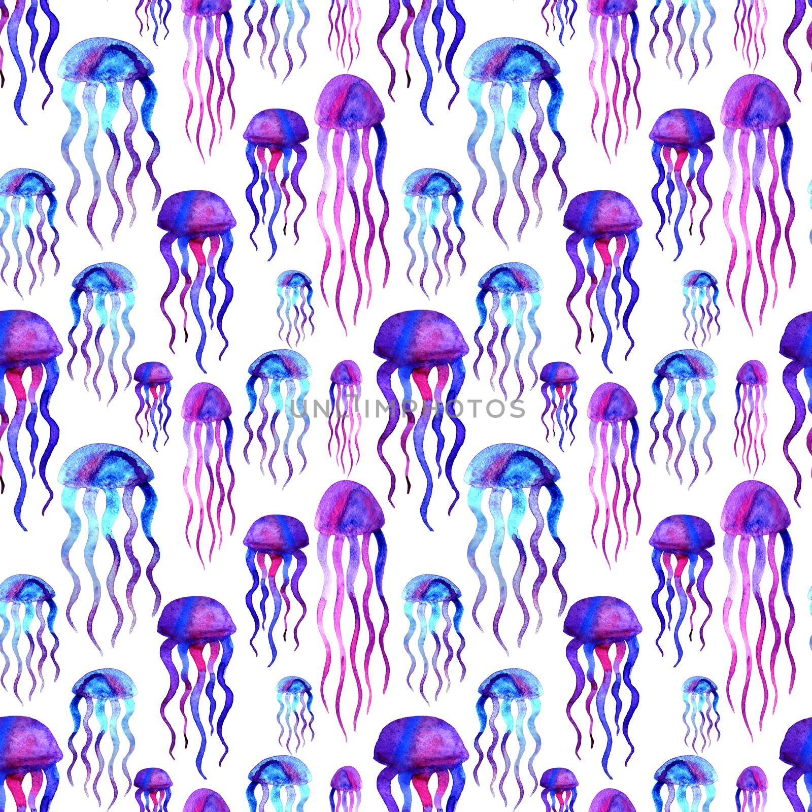 Hand drawn jellyfish. Watercolor pattern. Colorful endless Violet and blue