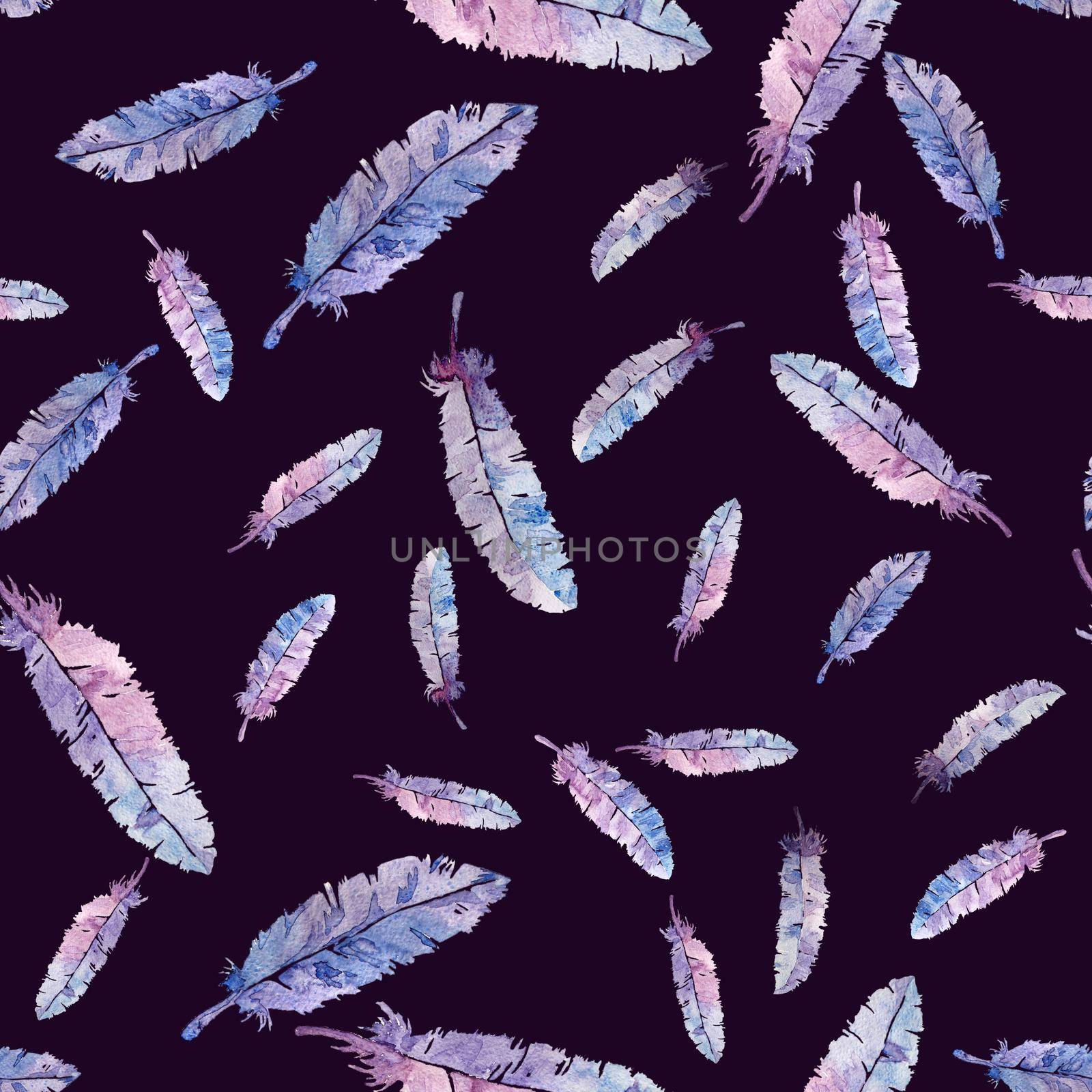 Watercolor feathers seamless pattern. Hand made element. Painting illustration. On dark background. Violet blue pink color. Endless print wallpaper , textile. Vintage style.