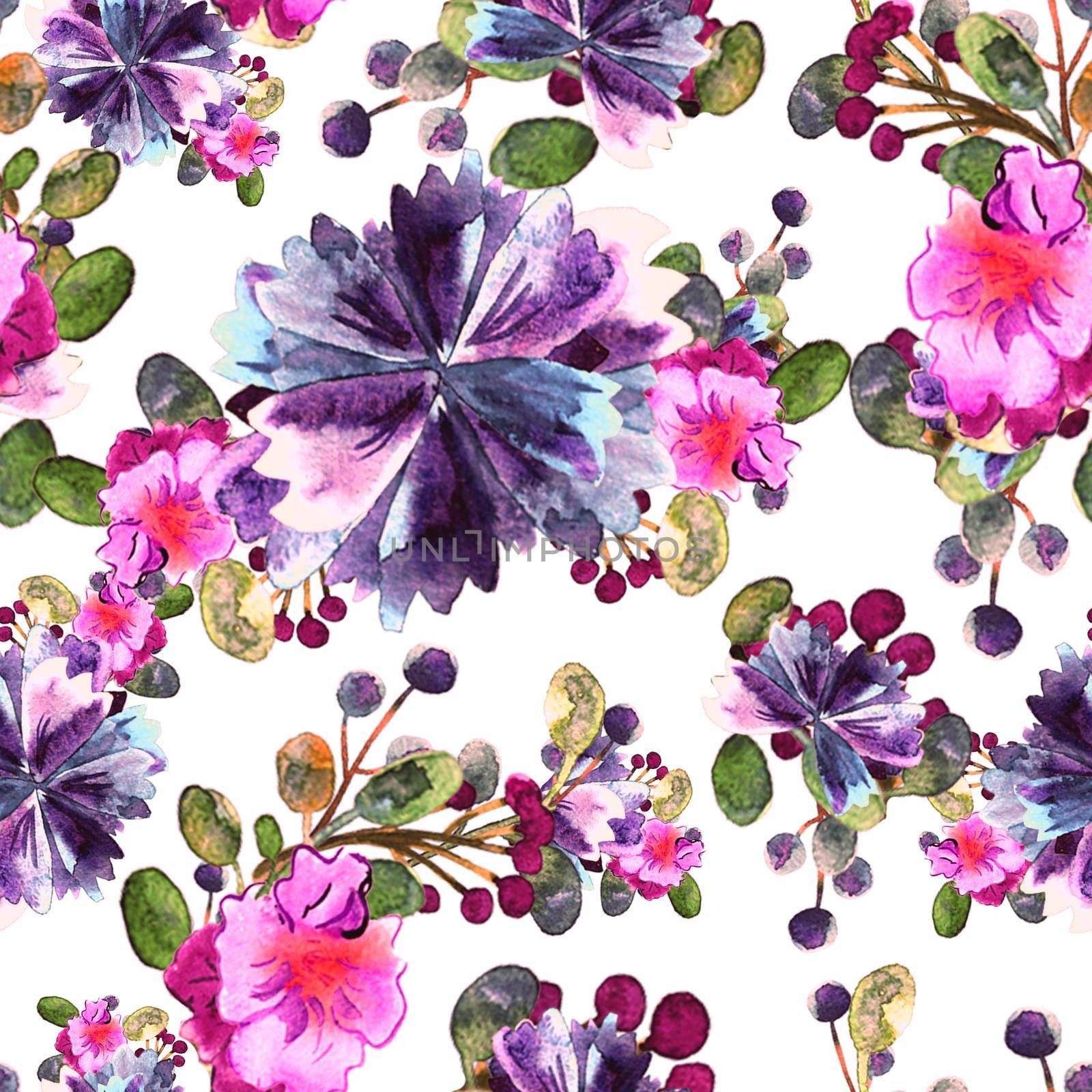 Watercolor floral pattern. Seamless with purple and pink bouquet on white background. by DesignAB