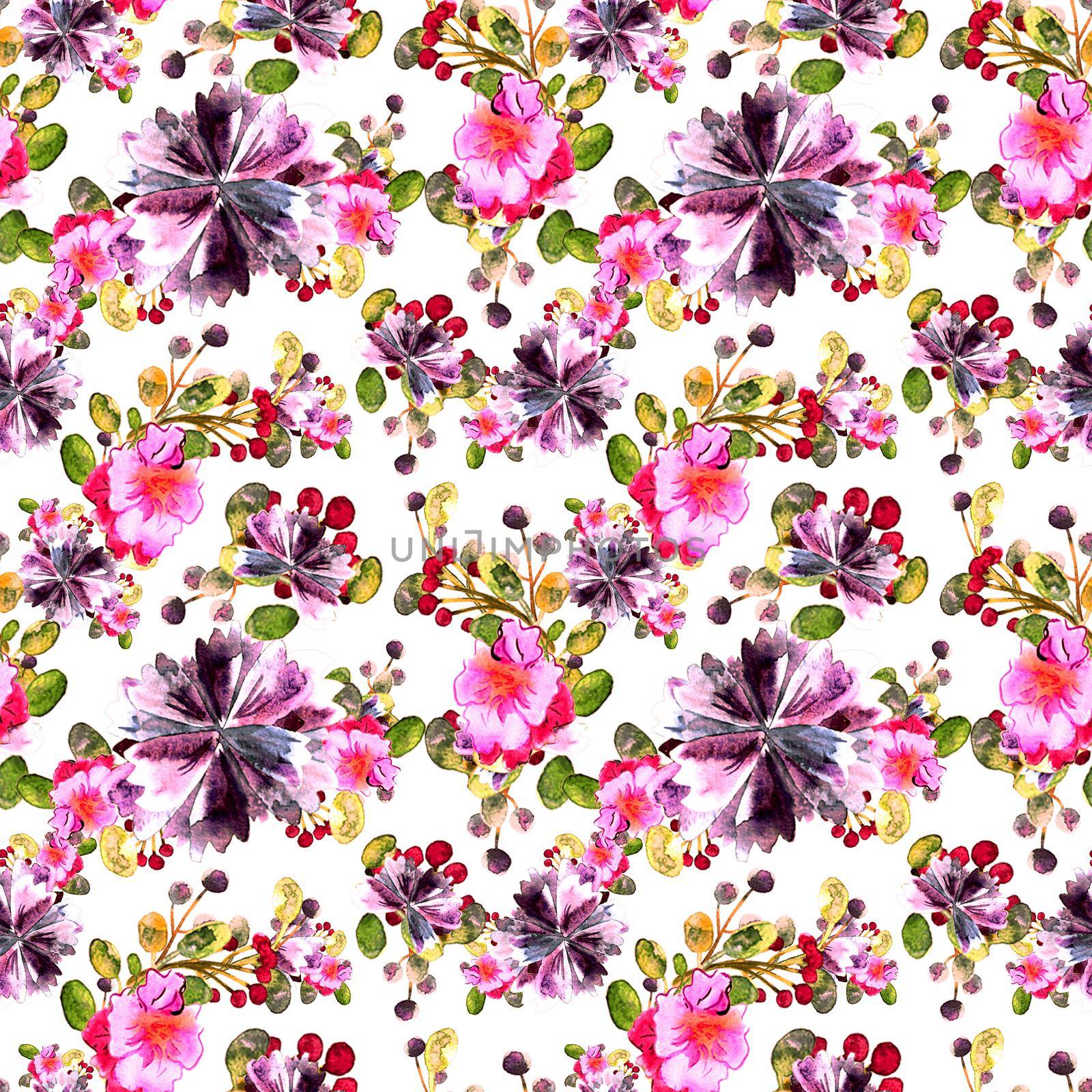 Watercolor floral pattern. Seamless with purple and pink bouquet on white background. by DesignAB