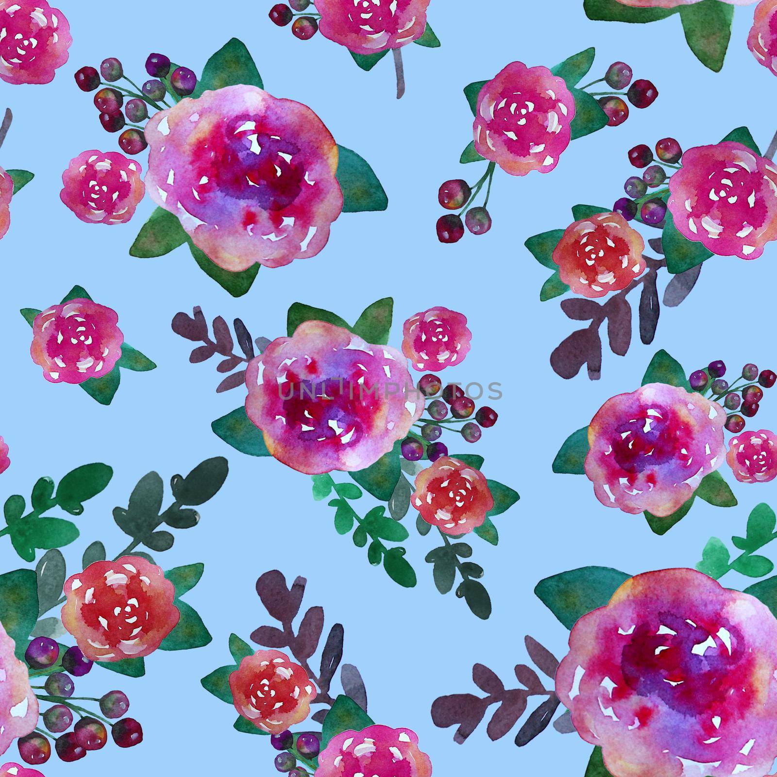Romantic floral seamless pattern with rose flowers and leaf. Print for textile wallpaper endless. Hand-drawn watercolor elements. Beauty bouquets. Pink, red. green on blue background. Summer spring