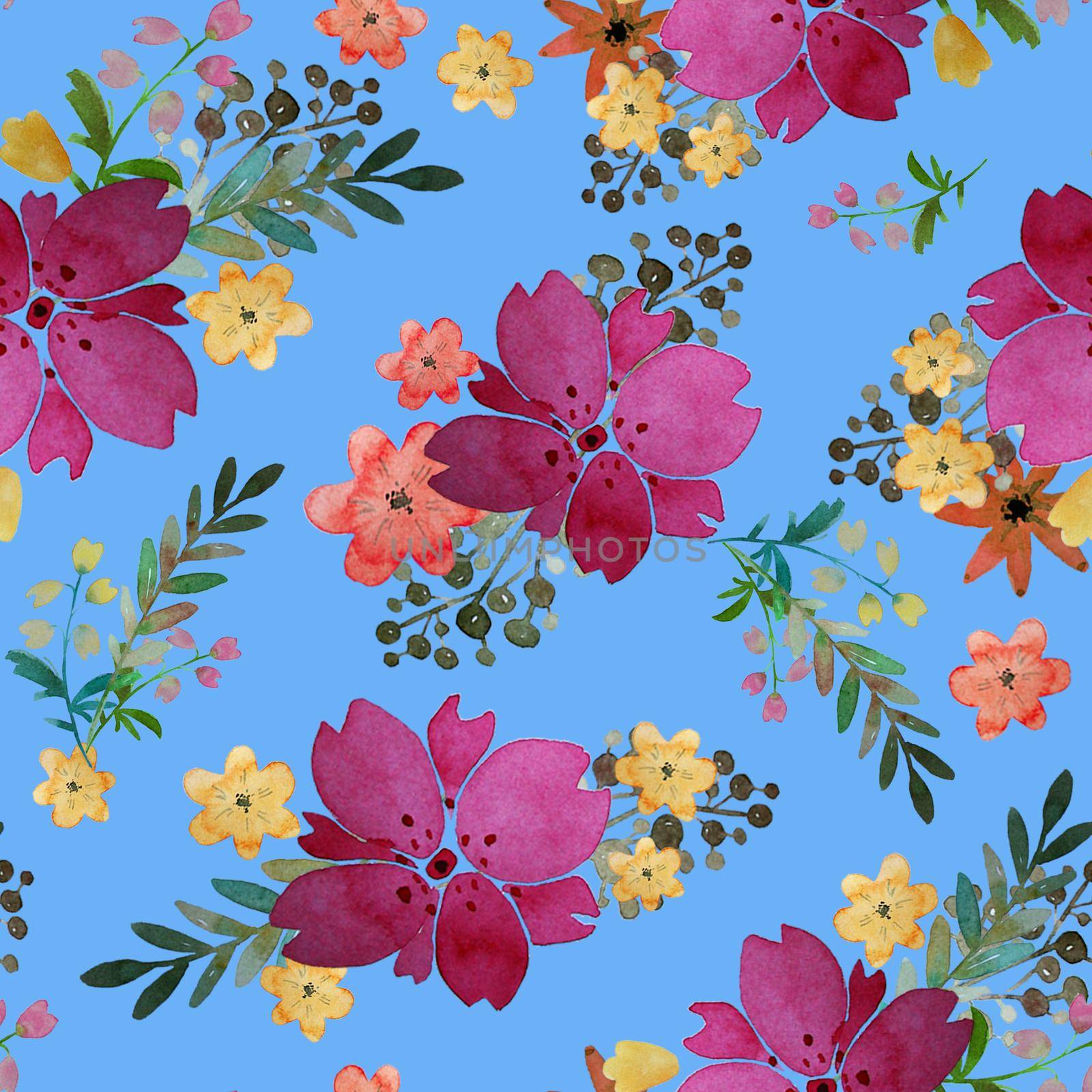 Romantic floral seamless pattern with flowers and leaf. Print for textile wallpaper endless. Hand-drawn watercolor elements. Beauty bouquets. Pink, yellow. green. orange on blue background. by DesignAB