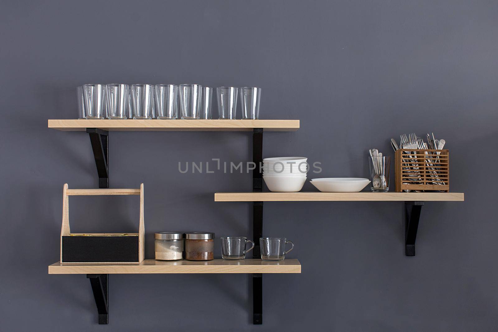 Shelf with clean dishware by Demkat