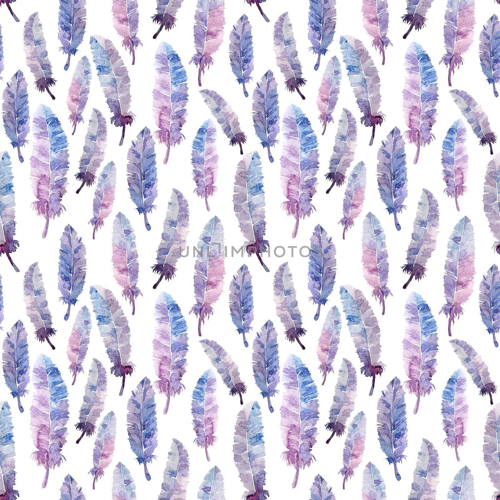 Watercolor feathers seamless pattern. Colorful. White background