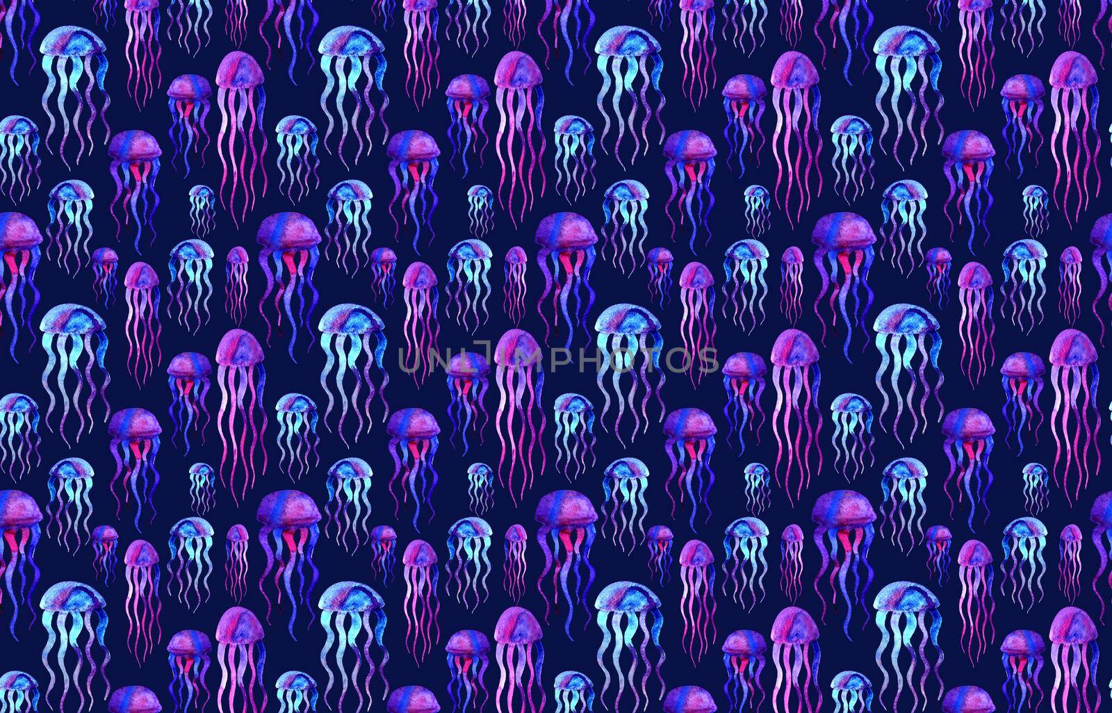 Hand drawn jellyfish. Watercolor pattern. Colorful endless Violet and blue