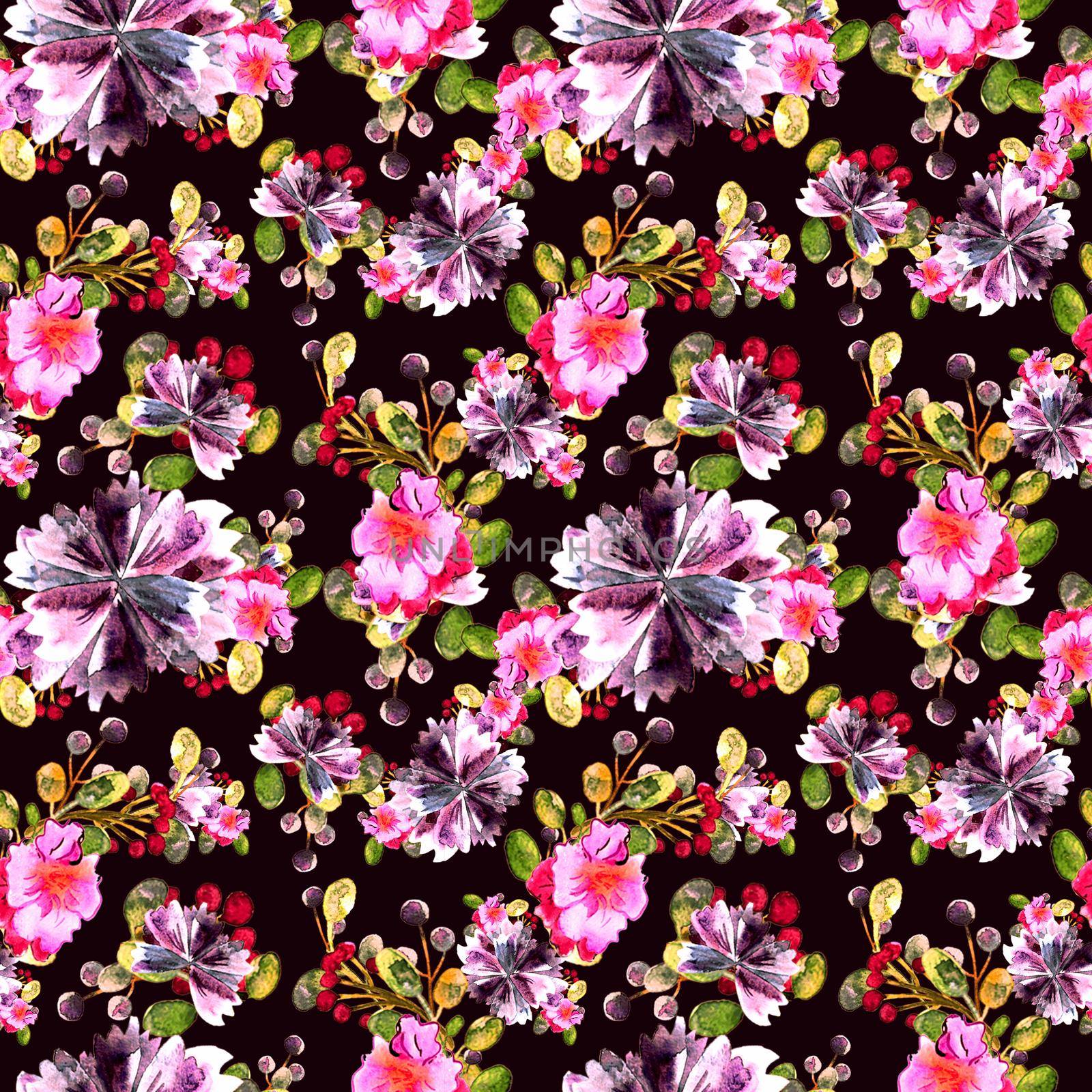 Watercolor floral pattern. Seamless with purple and pink bouquet on dark background. by DesignAB