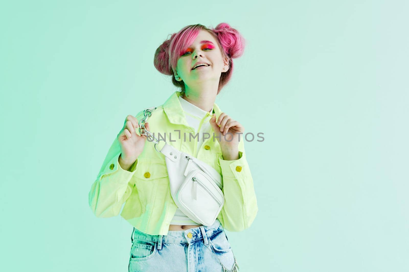 cheerful woman with bright makeup pink hair Glamor posing fun by Vichizh