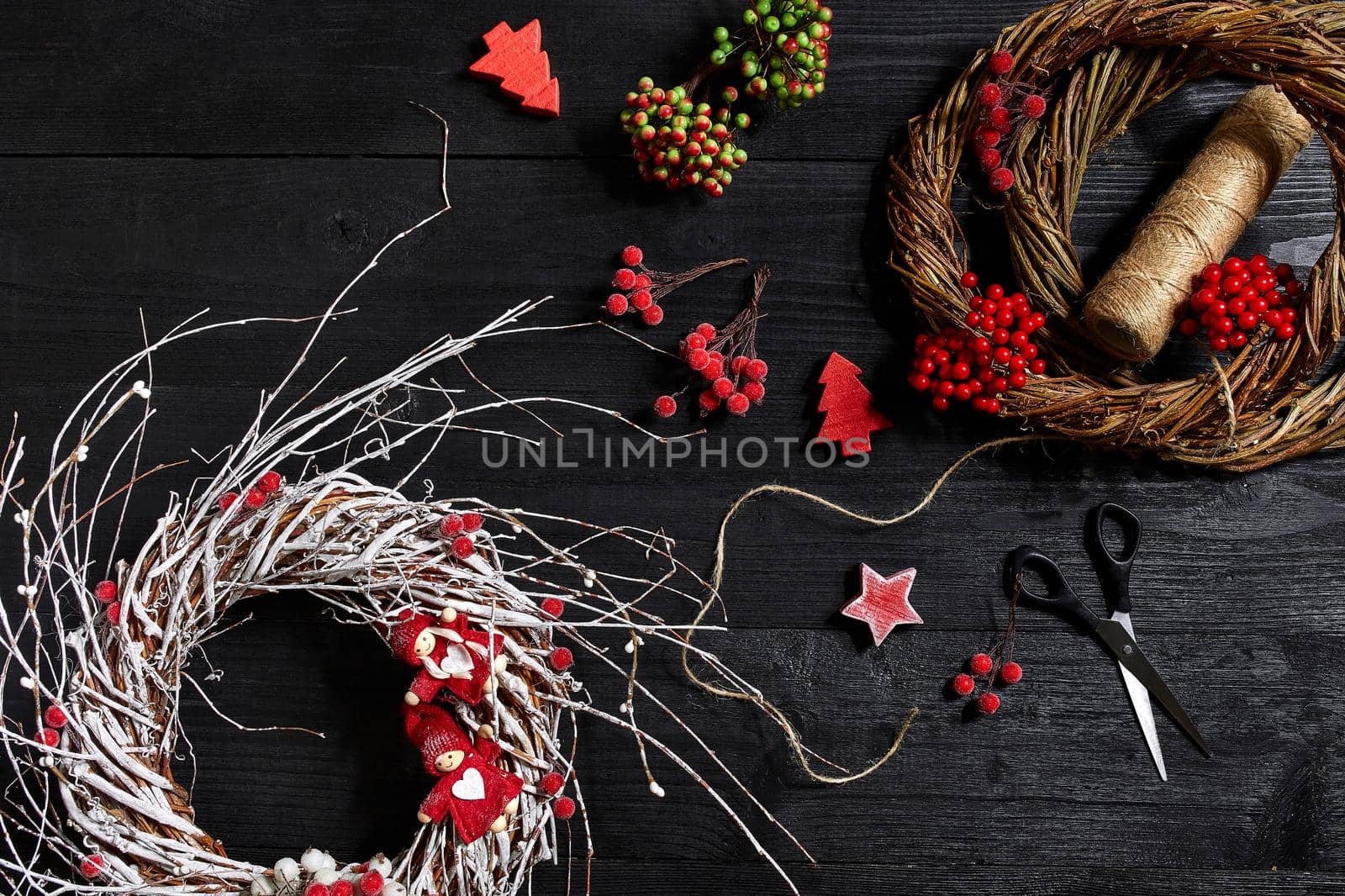 Make a Christmas wreath with your own hands. Workplace for preparing handmade decorations. Top view. Copy space. Still life. Flat lay