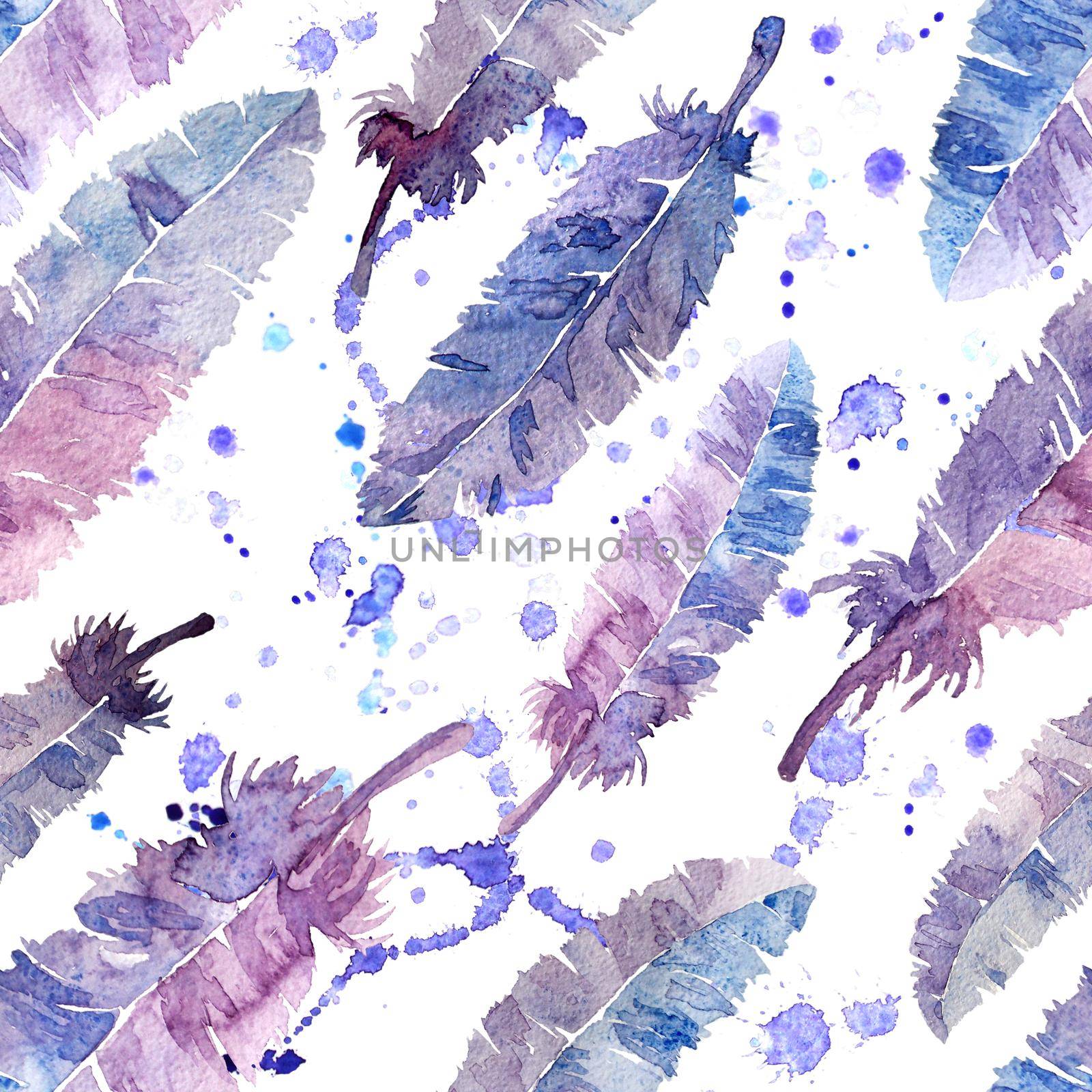 Watercolor feathers seamless pattern. Colorful. White background