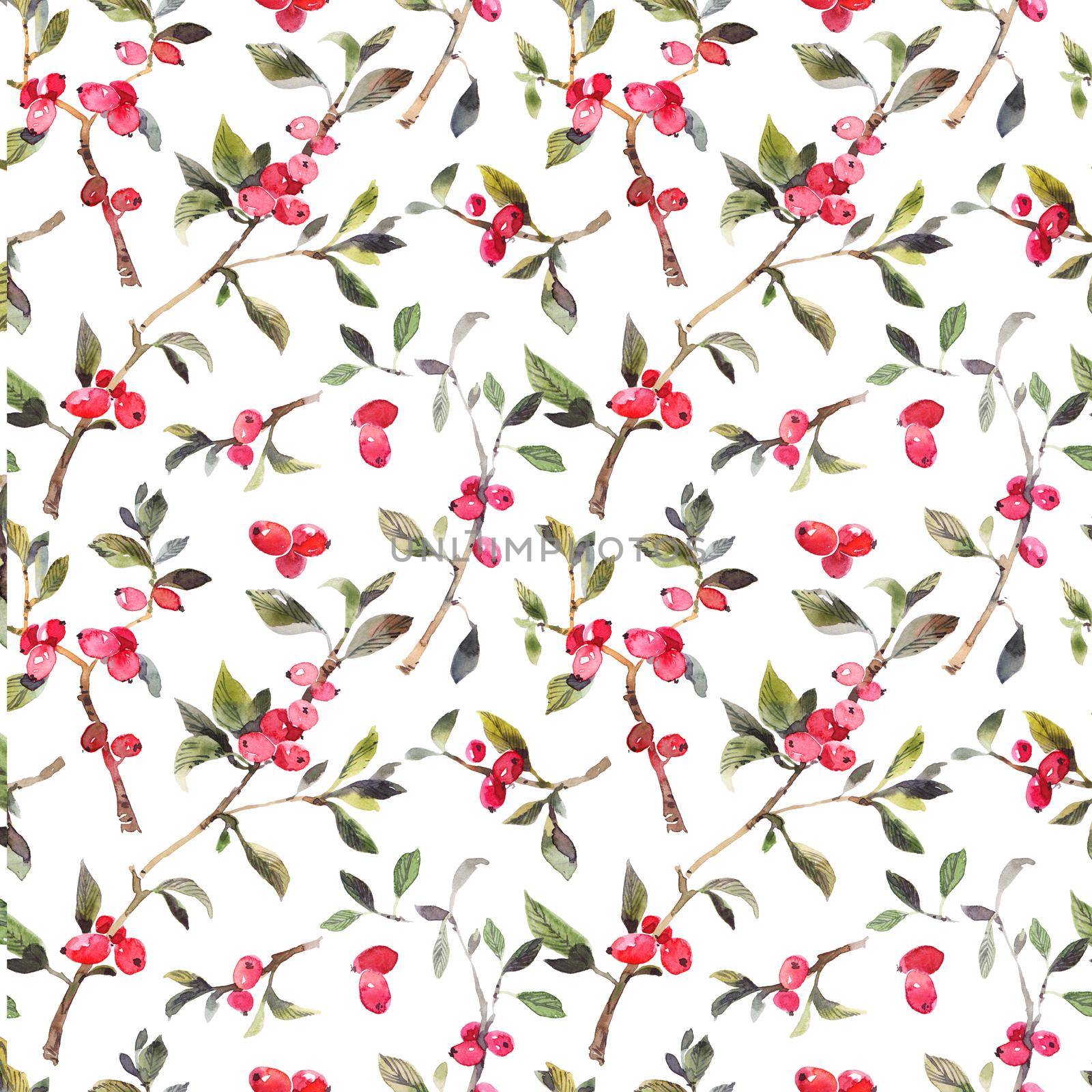 Watercolor botanical illustration of twig with red berries on white background. Seamless pattern.