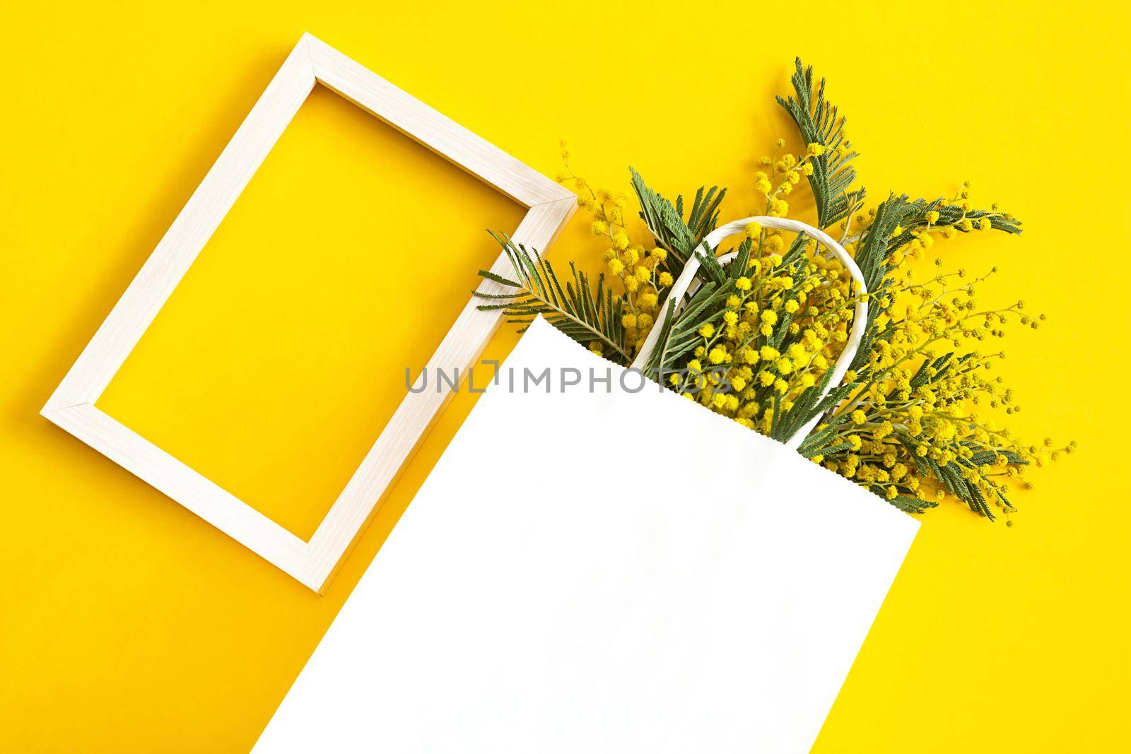 A bouquet of mimosa in a white mock up gift bag. Spring shopping, gifts and promotions for International Women's Day. Yellow background, copyspace. by Simol