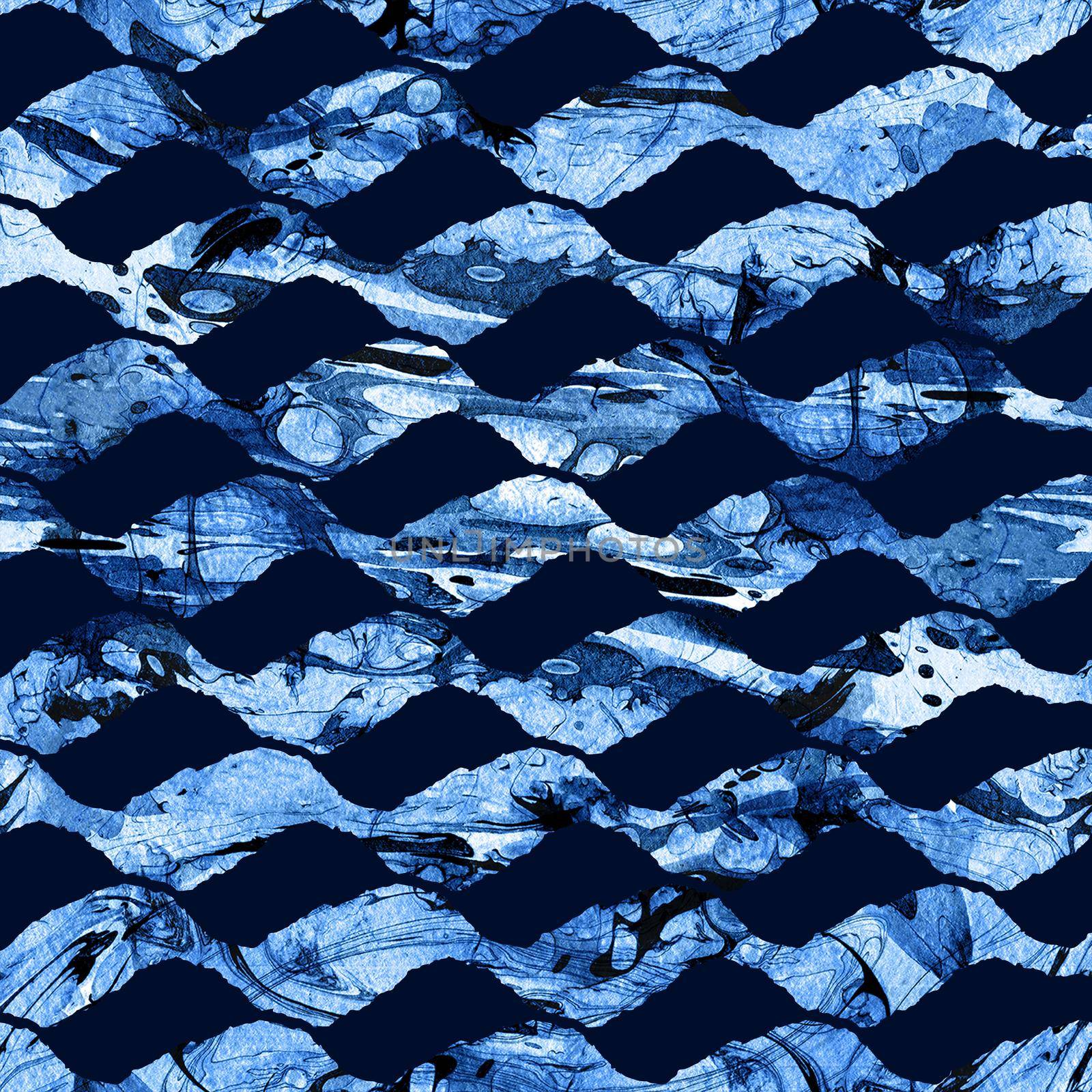 Brush Stroke Wawes Geometric Grung Pattern Seamless in Blue Color Background. Gunge Collage Watercolor Texture for Teen and School Kids Fabric Prints Grange Design.