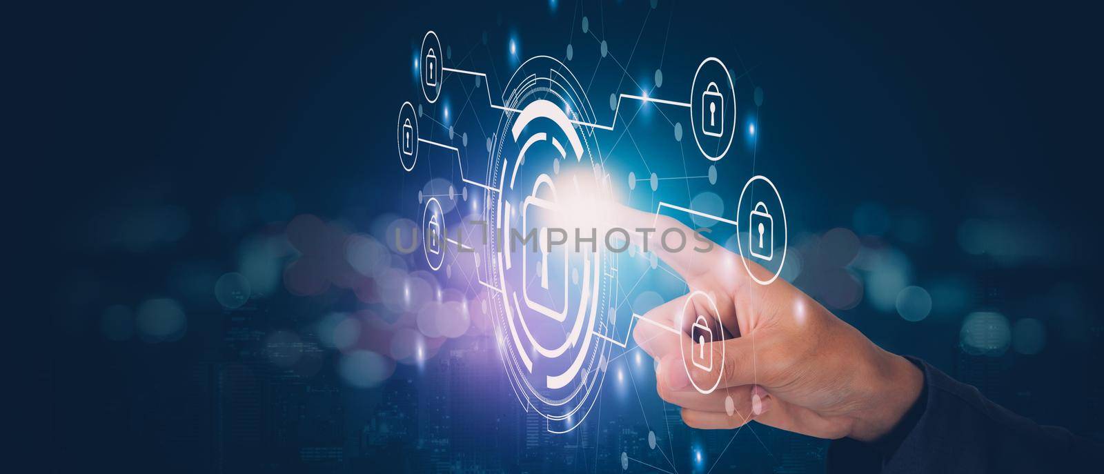 Finger of businessman pushing virtual lock icon while cyber security, access data and privacy with protection digital, innovation of system protect for identity, business futuristic concept.