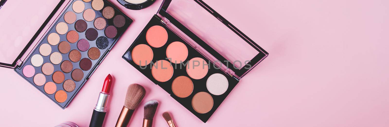 Set of cosmetic makeup tool isolated on pink background, top view, flat lay, brush and lipstick and makeup palette kit, no people, nobody, copy space, group object about beauty, collection make-up. by nnudoo
