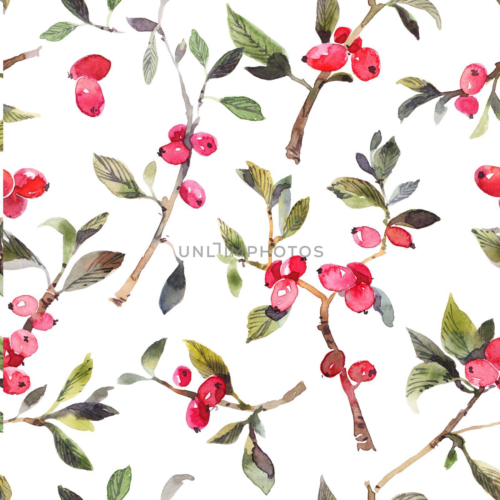 Watercolor botanical illustration of twig with red berries on white background. Seamless pattern.