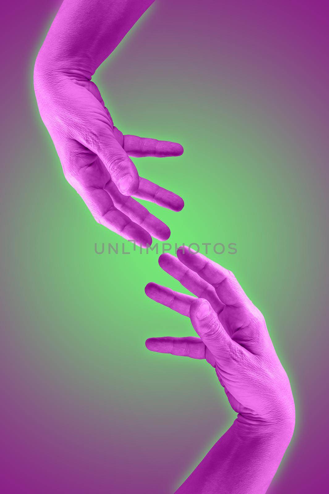 Two hand in a pop art collage style in neon bold colors. Modern psychedelic creative element with human palm for posters, banners, wallpaper. Copy space for text. Magazine style. Zine culture. by bashta