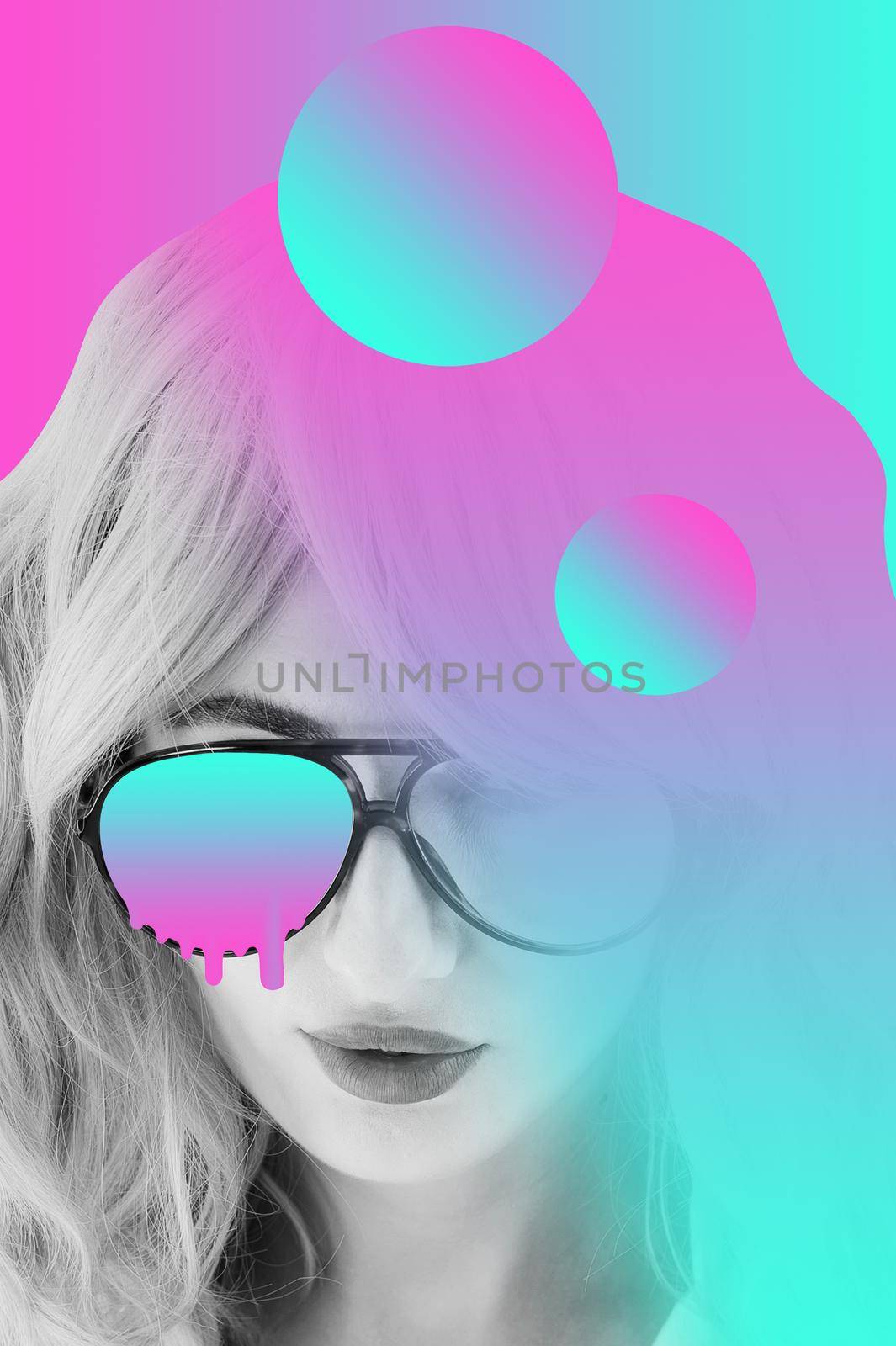 Funky woman in sunglasses. Crazy lady and surreal composition of textures, shapes, gradients. Contemporary art collage. Fashion magazine style for posters, banners, wallpaper. Zine culture. Pop art.