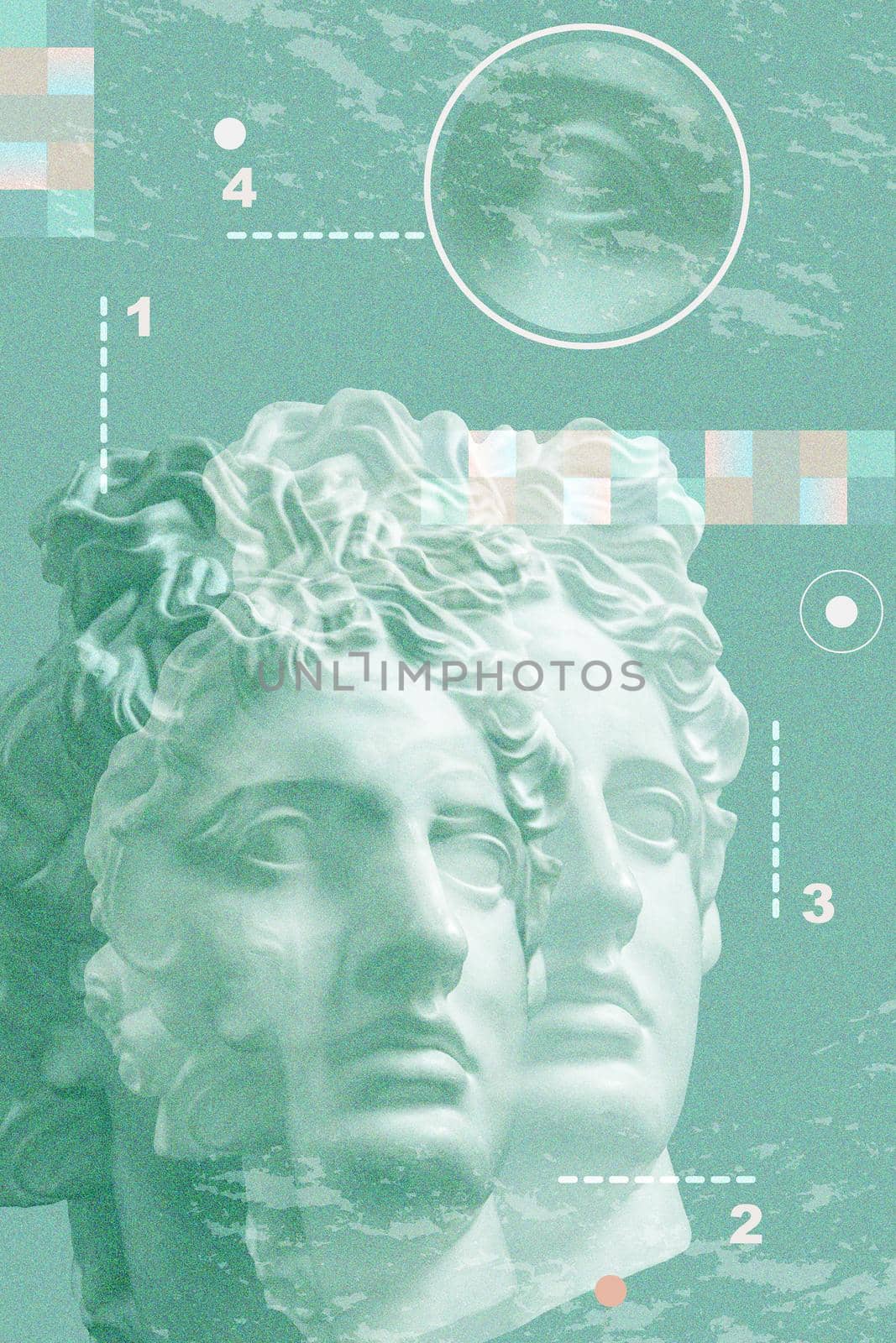 Art collage with antique sculpture of Apollo face and numbers, geometric shapes. Beauty, fashion and health theme. Science, research, discovery, technology concept. Zine culture. Pop art style. by bashta