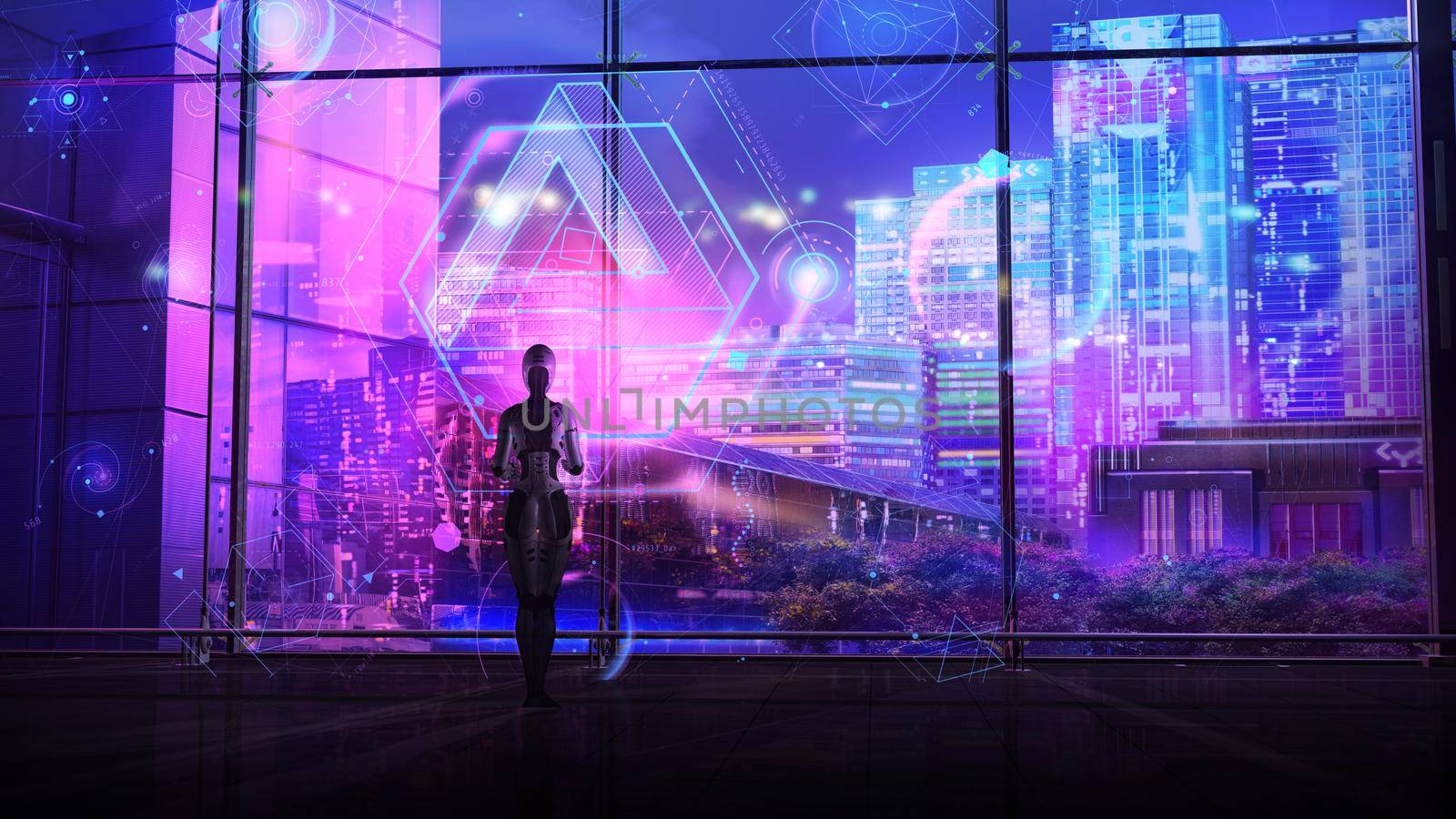 An android standing in an office at night works with the holographic interface of the future. 3D render.