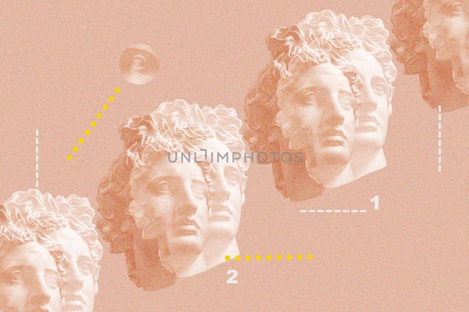 Art collage with antique sculpture of Apollo face and numbers, geometric shapes. Beauty, fashion and health theme. Science, research, discovery, technology concept. Zine culture. Pop art style. by bashta